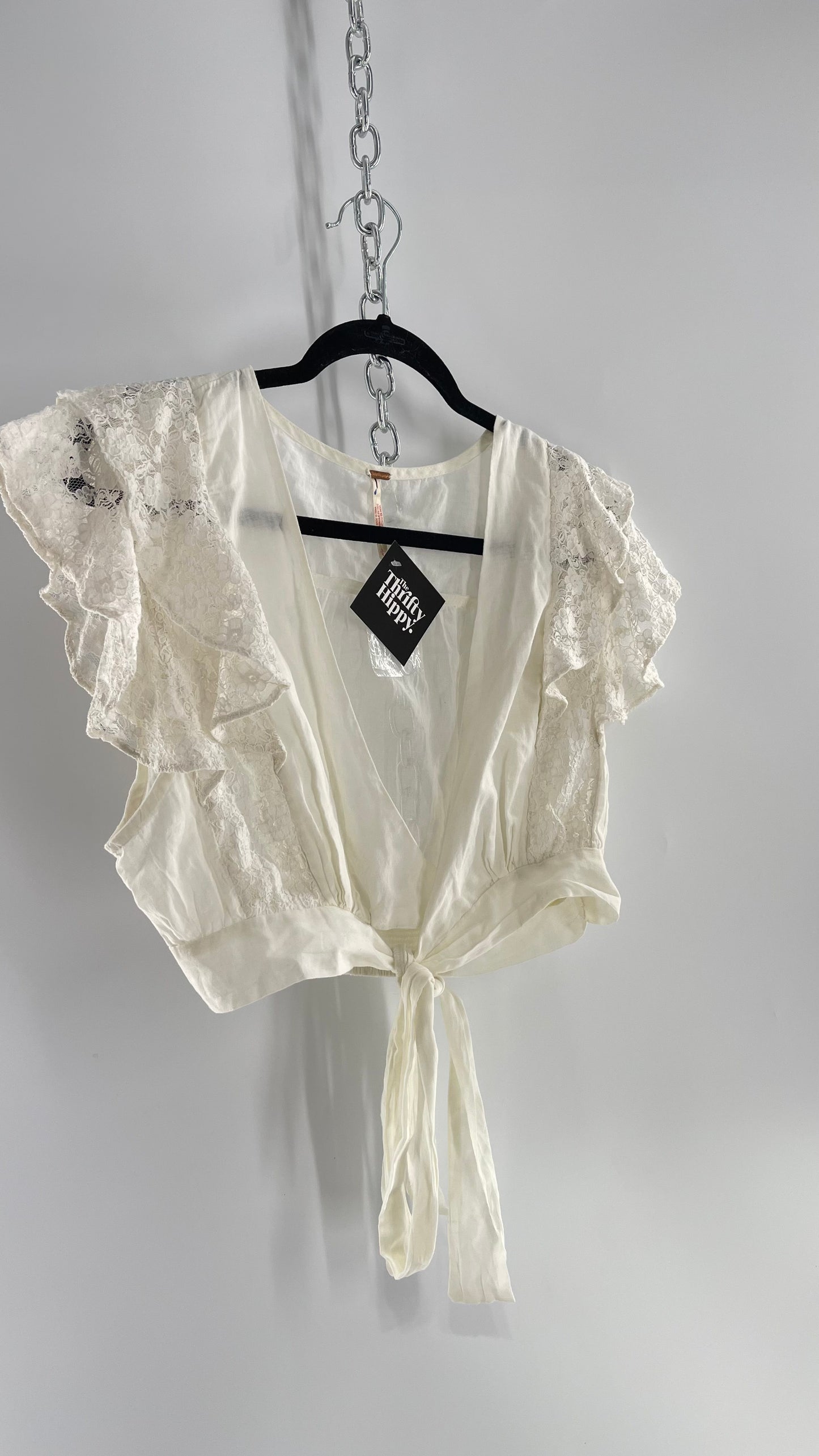 Free People White Cotton Cropped Wrap Around Blouse with Lace Details (L)