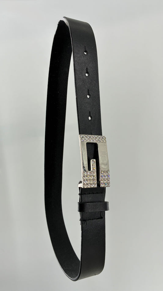 Vintage GUESS Black Leather Belt with Iconic Rhinestone Buckle (Small)