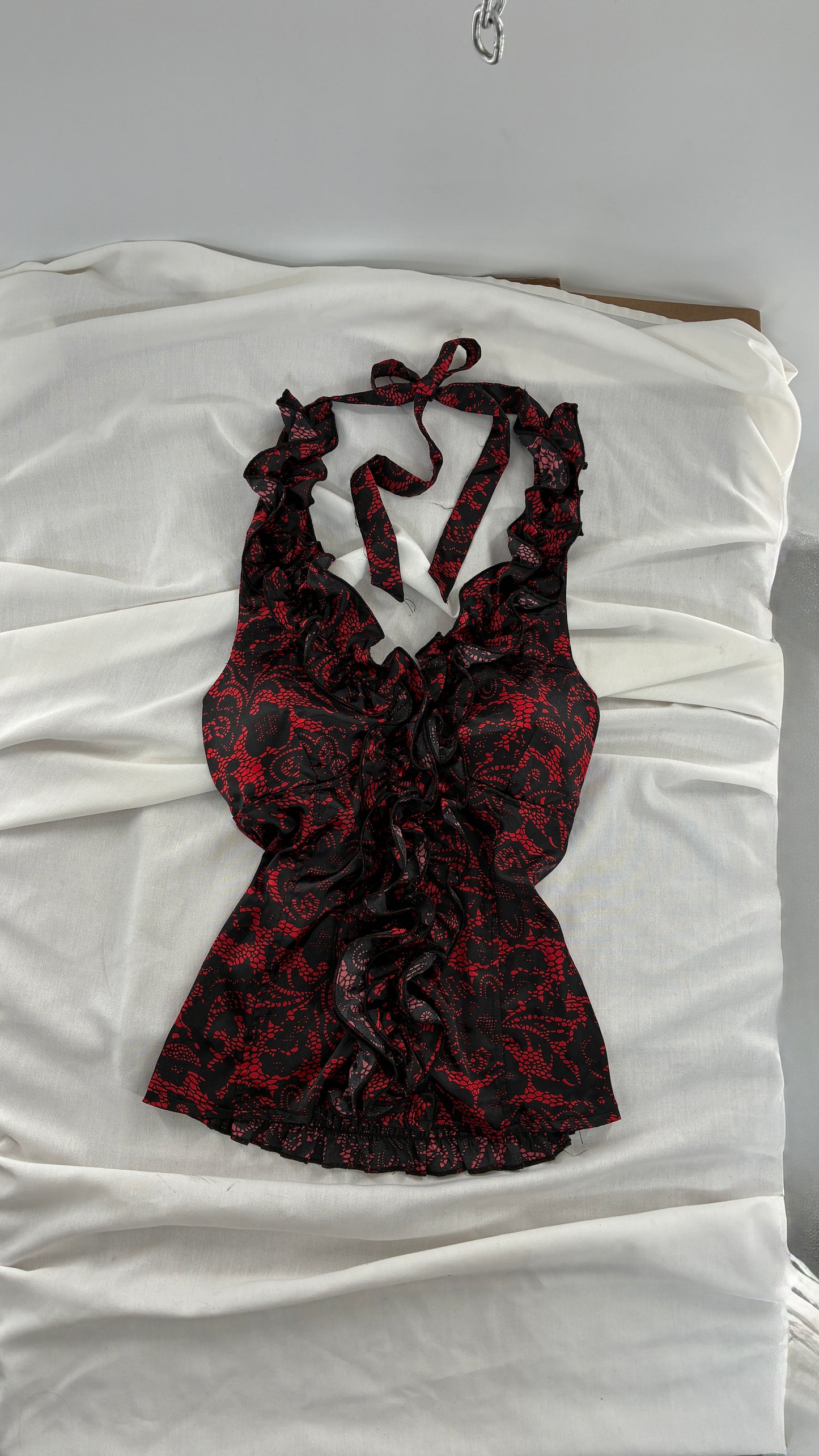 Vintage MYTH Red Black Lace Print Ruffle Halter with Padding (Medium)