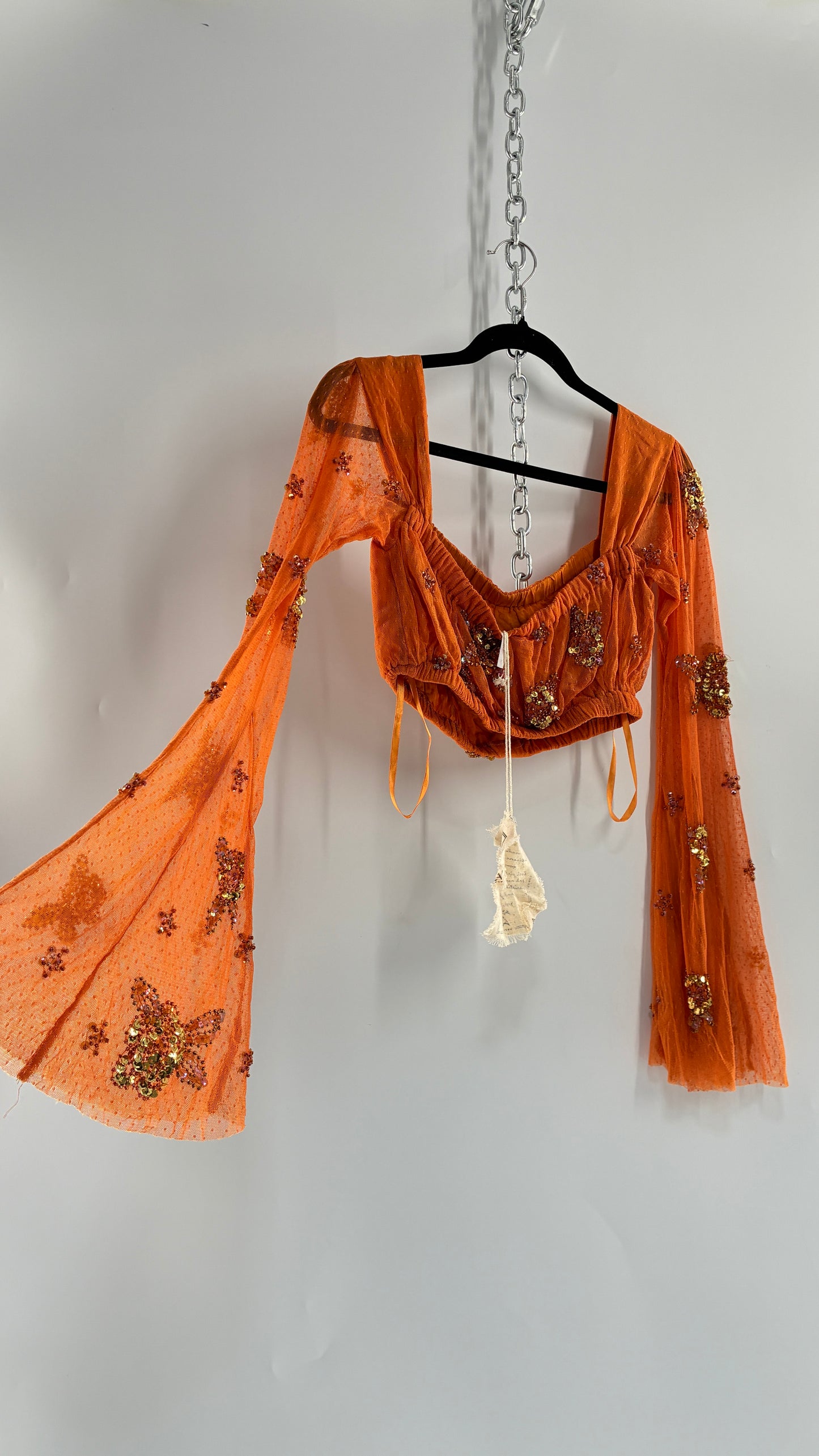 Free People Orange Off the Shoulder Beaded Bell Sleeve with Tags Attached (Medium)