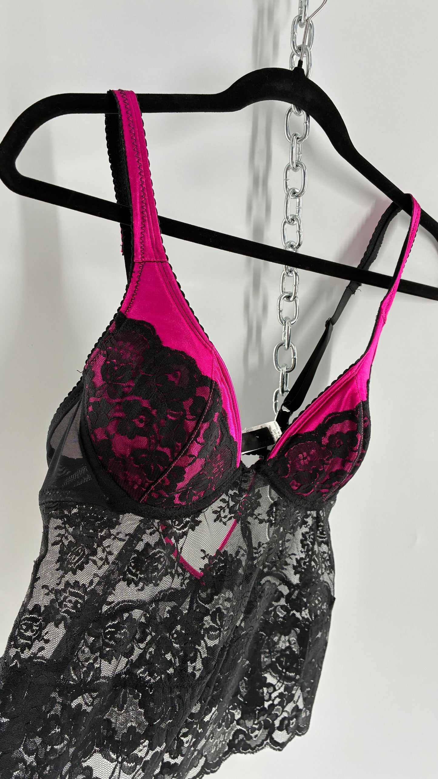 Vintage DONNA LOREN Black Lace Bustier with Satin Pink Cups (34C)
