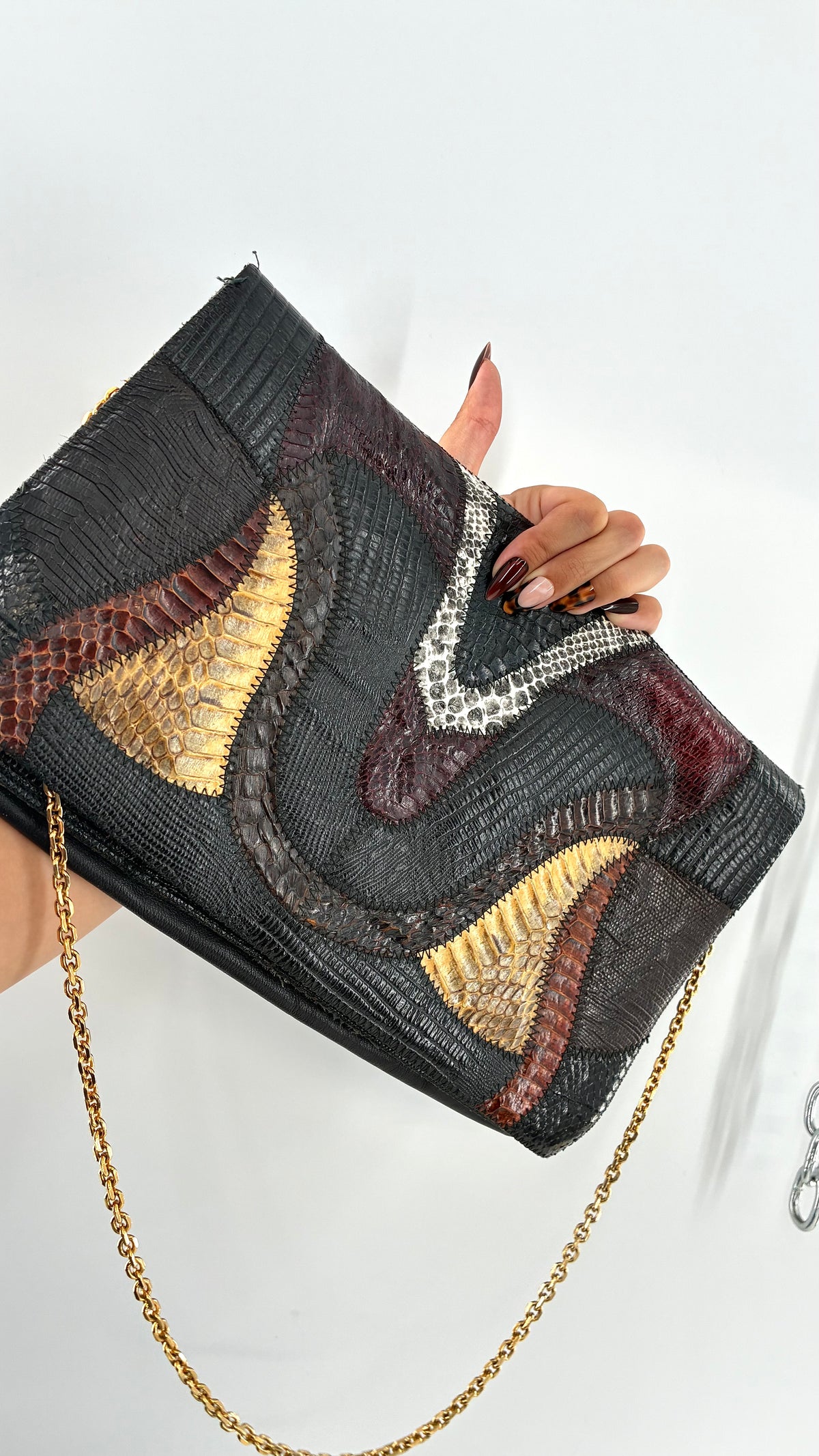 Vintage Exotic Genuine Leather Multicolor Reptile-Texture Patchwork Clutch With Chain Strap