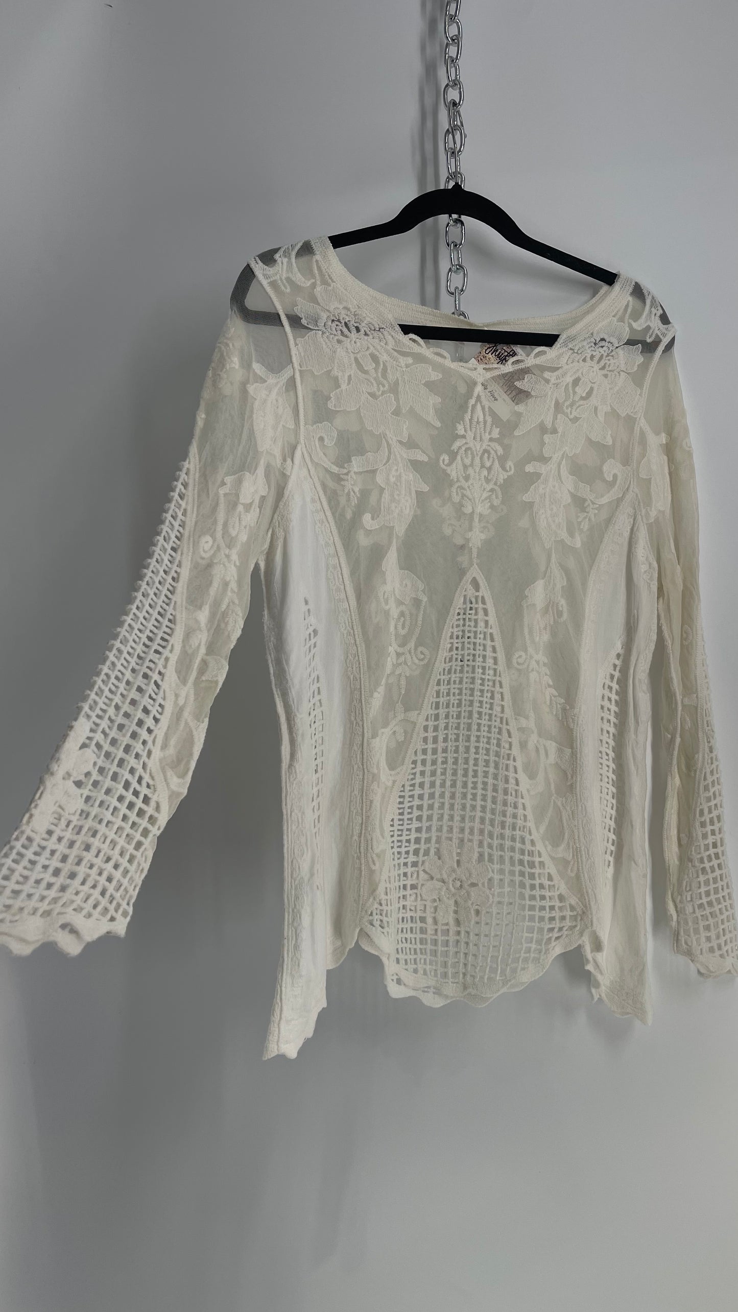 Embroidered Off White Lace and Mesh Paneled Long Sleeve (Medium)