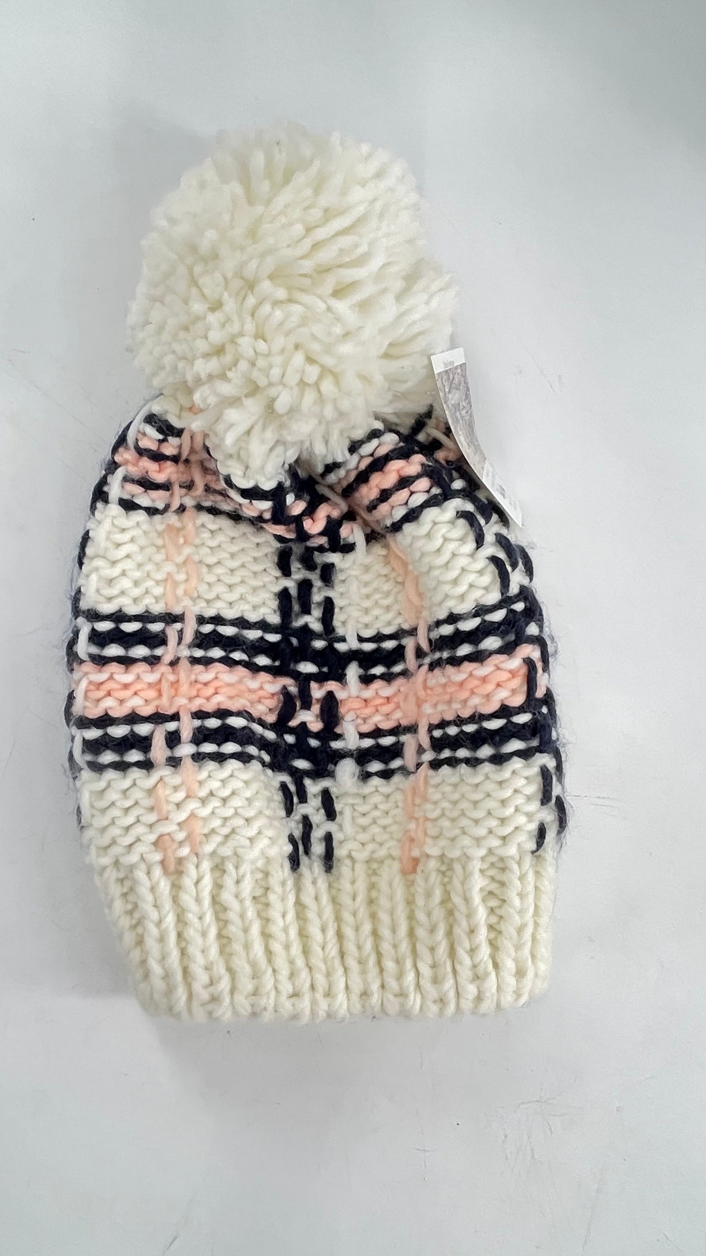 Pink Navy Plaid Patterned White Knit Beanie with Pom