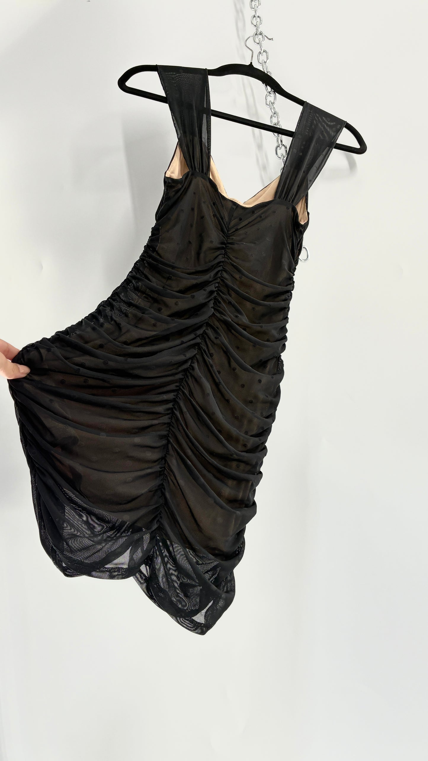 Urban Outfitters Nude Underlay Sheer Black Overlay Polka Dotted and Ruched Bodycon Mini Dress (XS)