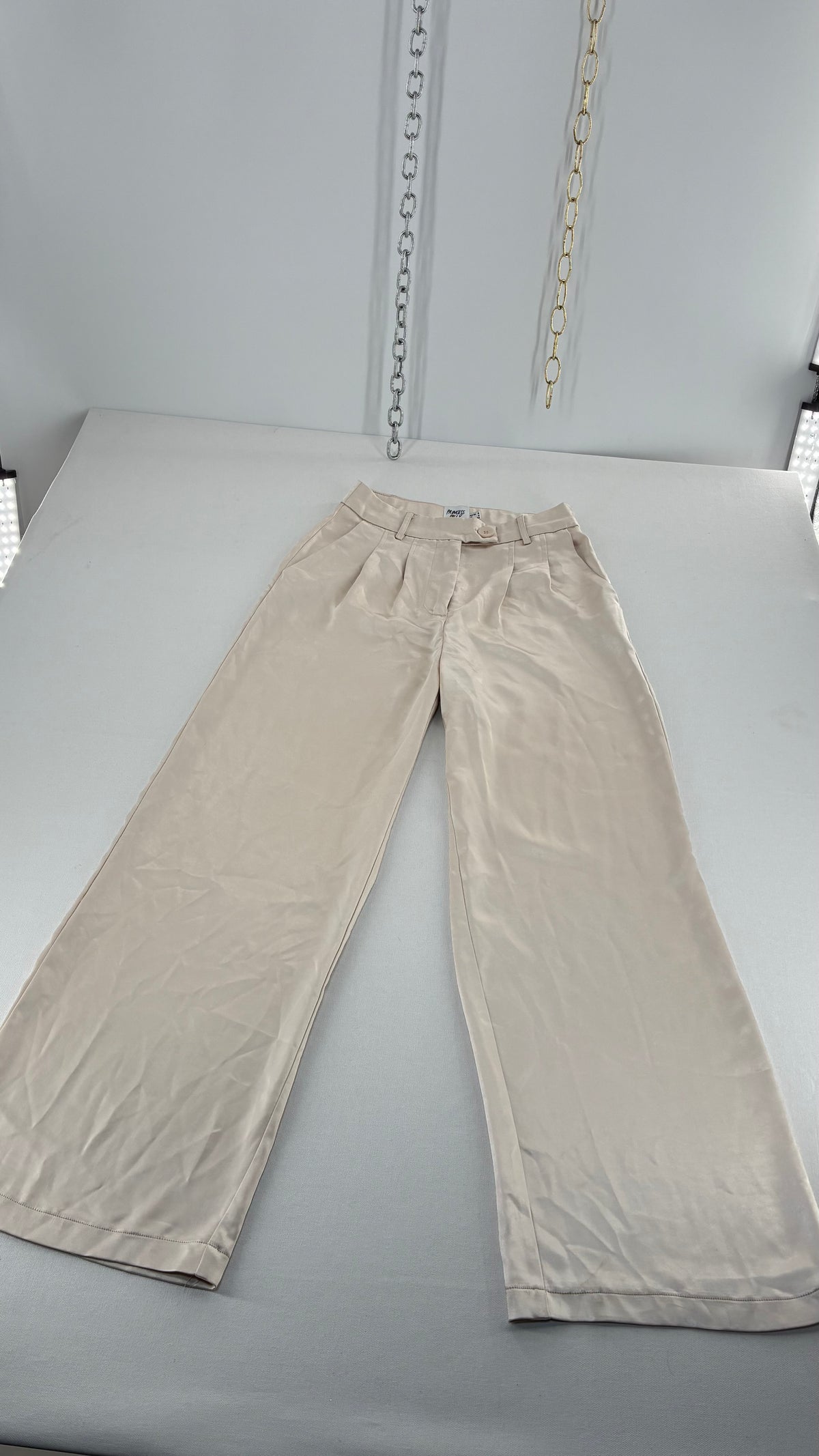 PRINCESS POLLY Silky Champagne Pleated Wide Leg Trouser (4)