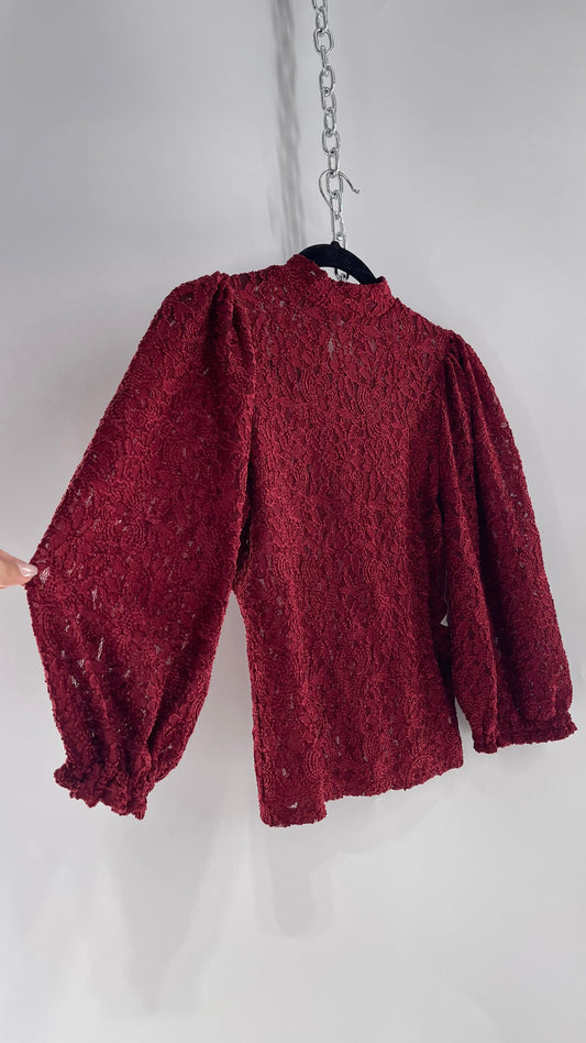 Free People Crimson Red Lace Bubble Sleeve Mock Neck Blouse (XS)