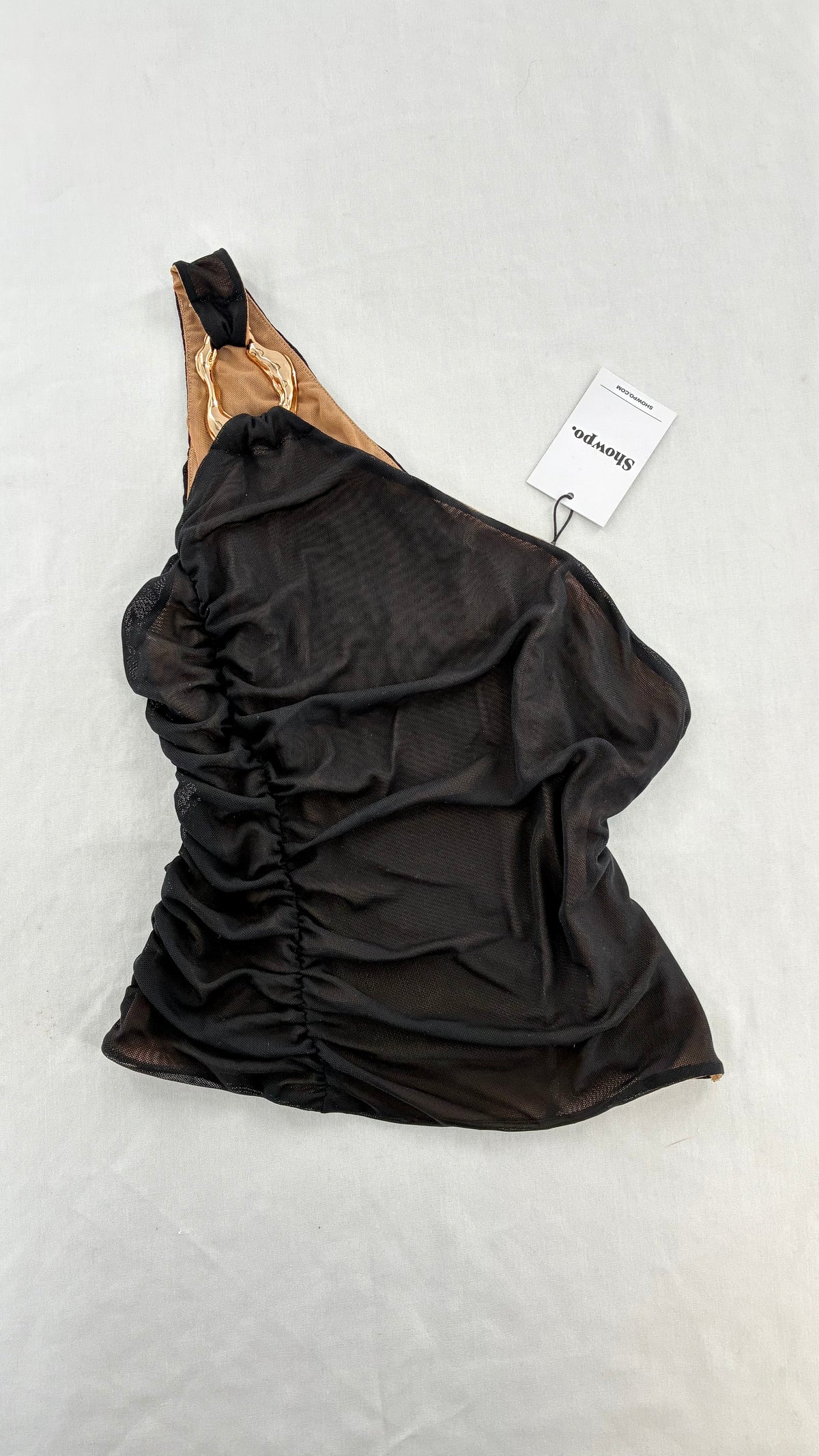 SHOWPO Ruched Nude Underlay Black Mesh One Shoulder Blouse with Tags (4)