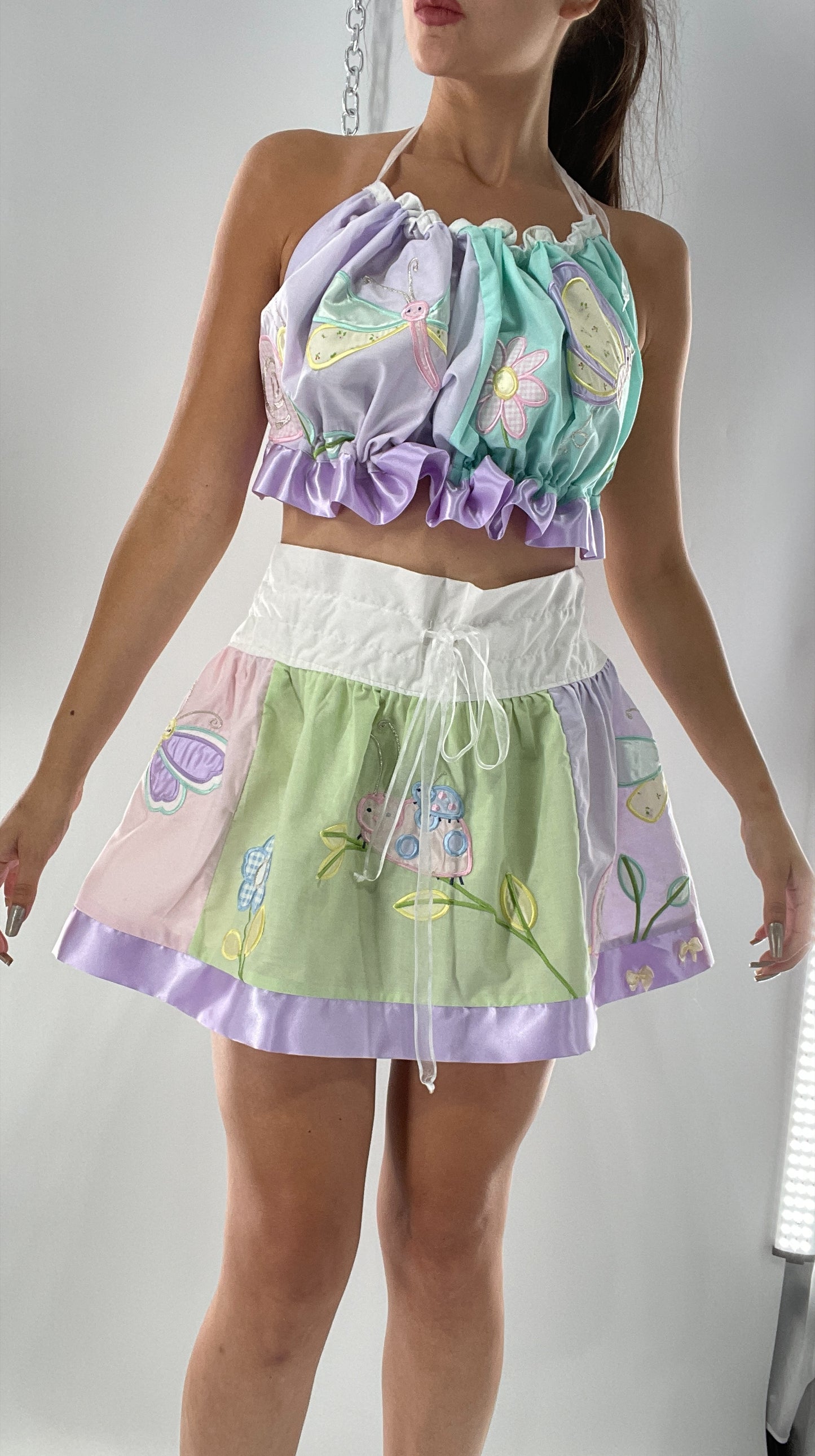 Vintage Custom 2piece Garden Gal Set Covered in Patchwork Butterflies, Dragonflies, Flowers, Snails and Pastels (One Size Fits Most)