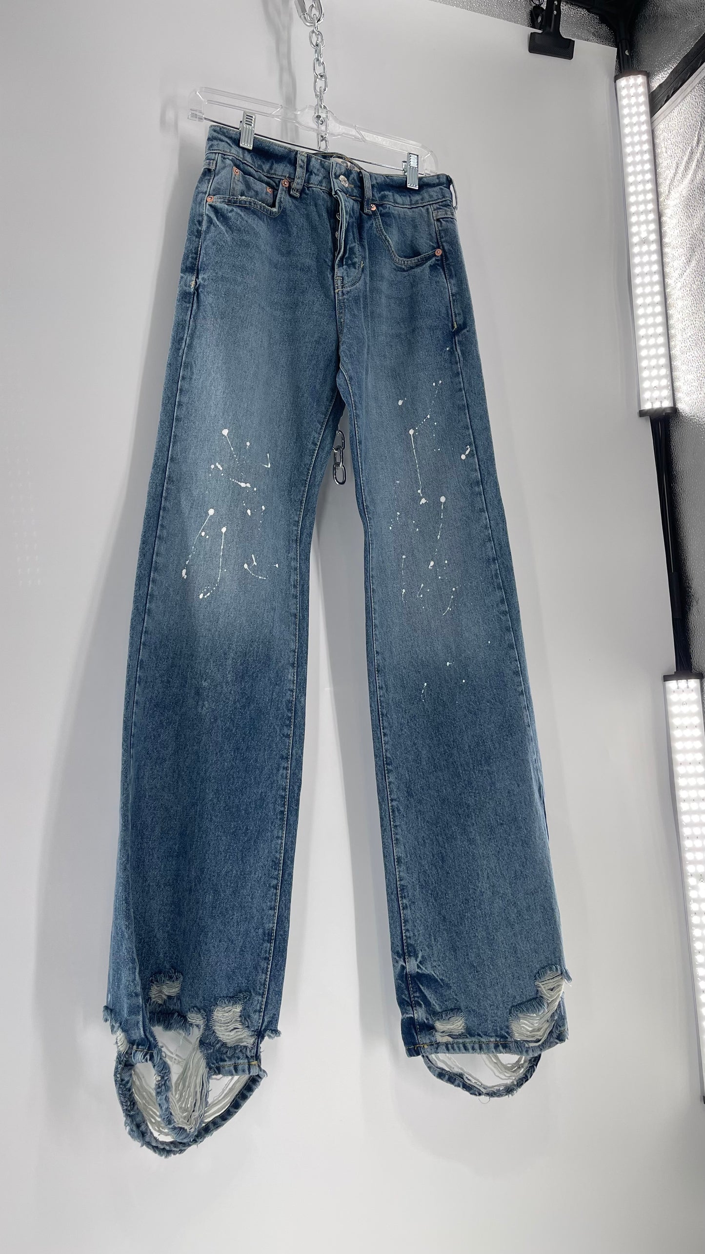 Free People Light Wash Straight Leg Jeans with Distressed Hem, Double Pockets and White Paint with Tags Attached (25)