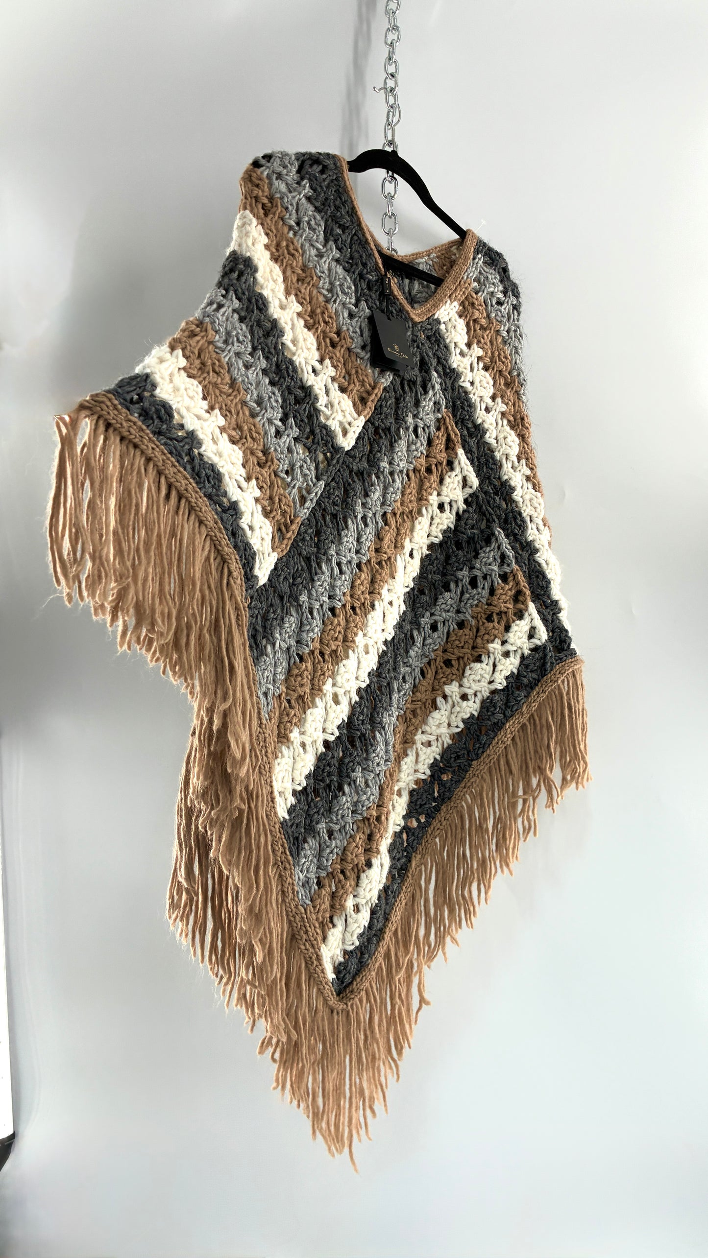 MASSIMO DUTTI Neutral Fringe-lined, Knit Poncho with Tags Attached (Small)