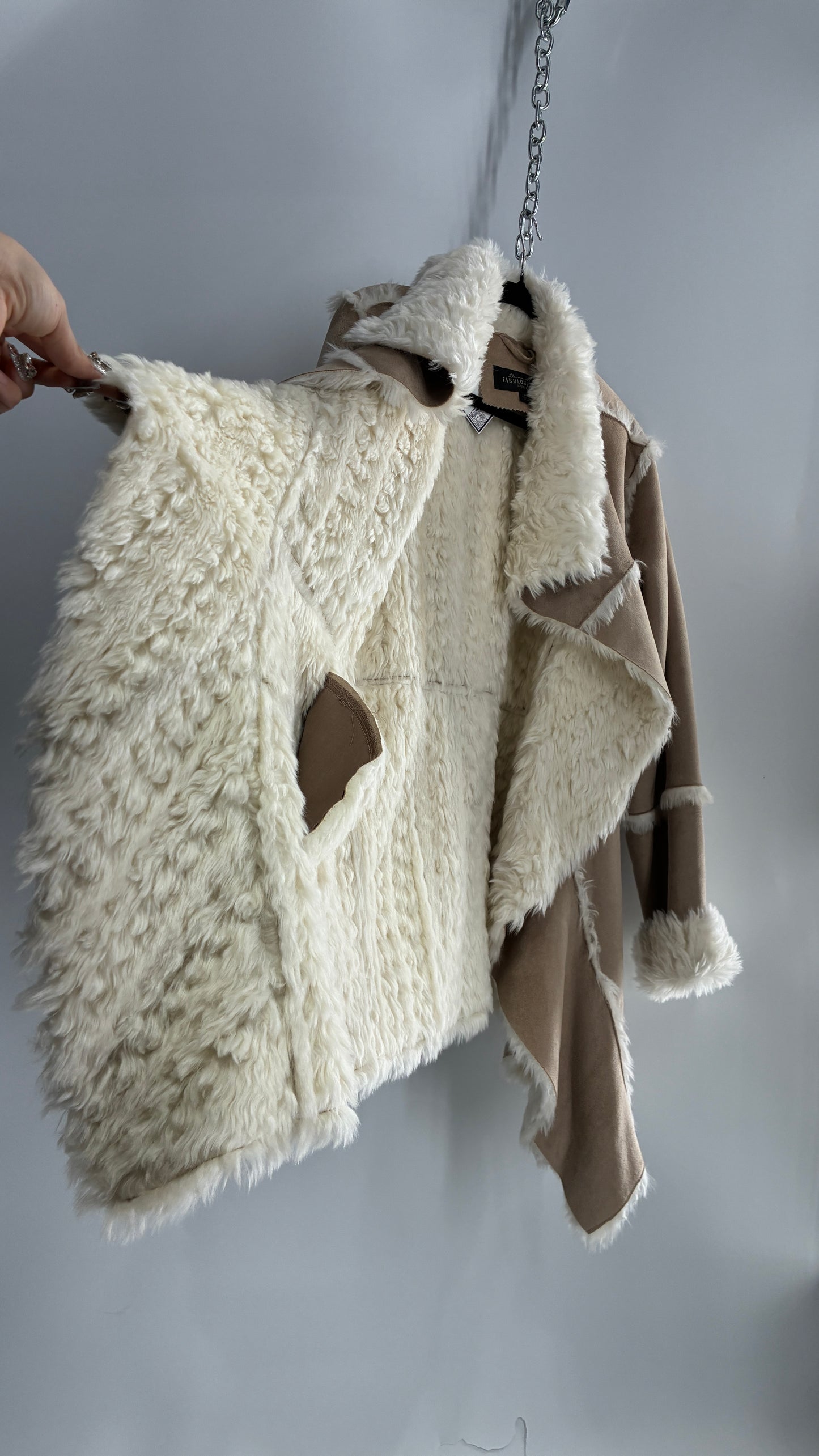 Fabulous Furs Vegan Suede Coat with Faux Fur Piping and Cuffs (Large)