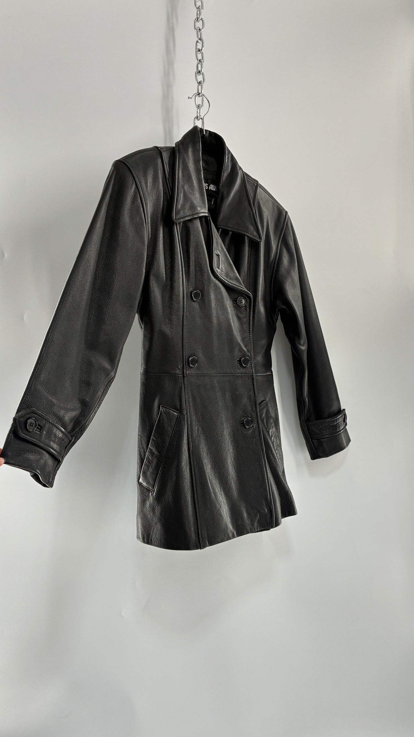 Vintage LUIS ALVEAR Thick Genuine Leather Black Trench Style Jacket (XS)