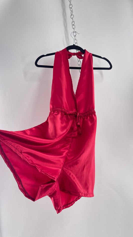 Urban Outfitters Red Satin Renewal Halter Backless Romper with Tags Attached (M)