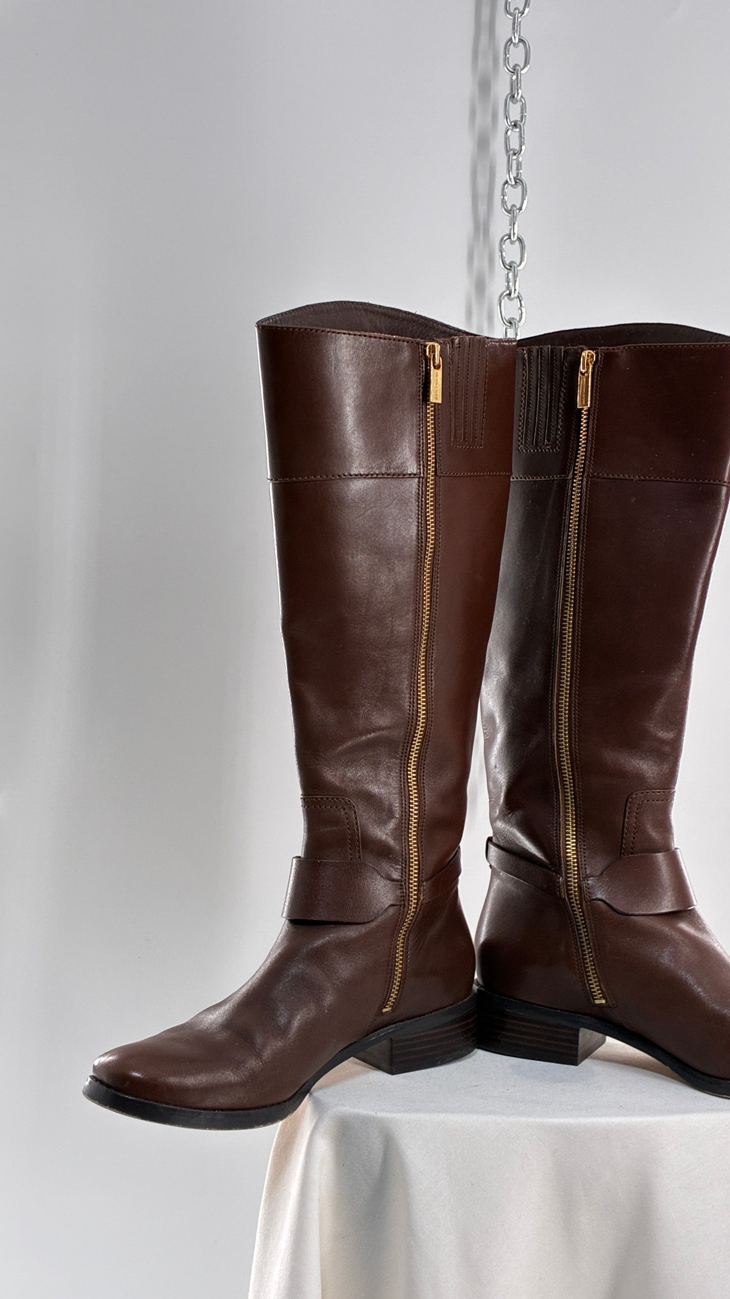 Vintage MICHAEL KORS Knee High Brown Genuine Leather Moto Boot with Gold Detailing (9)