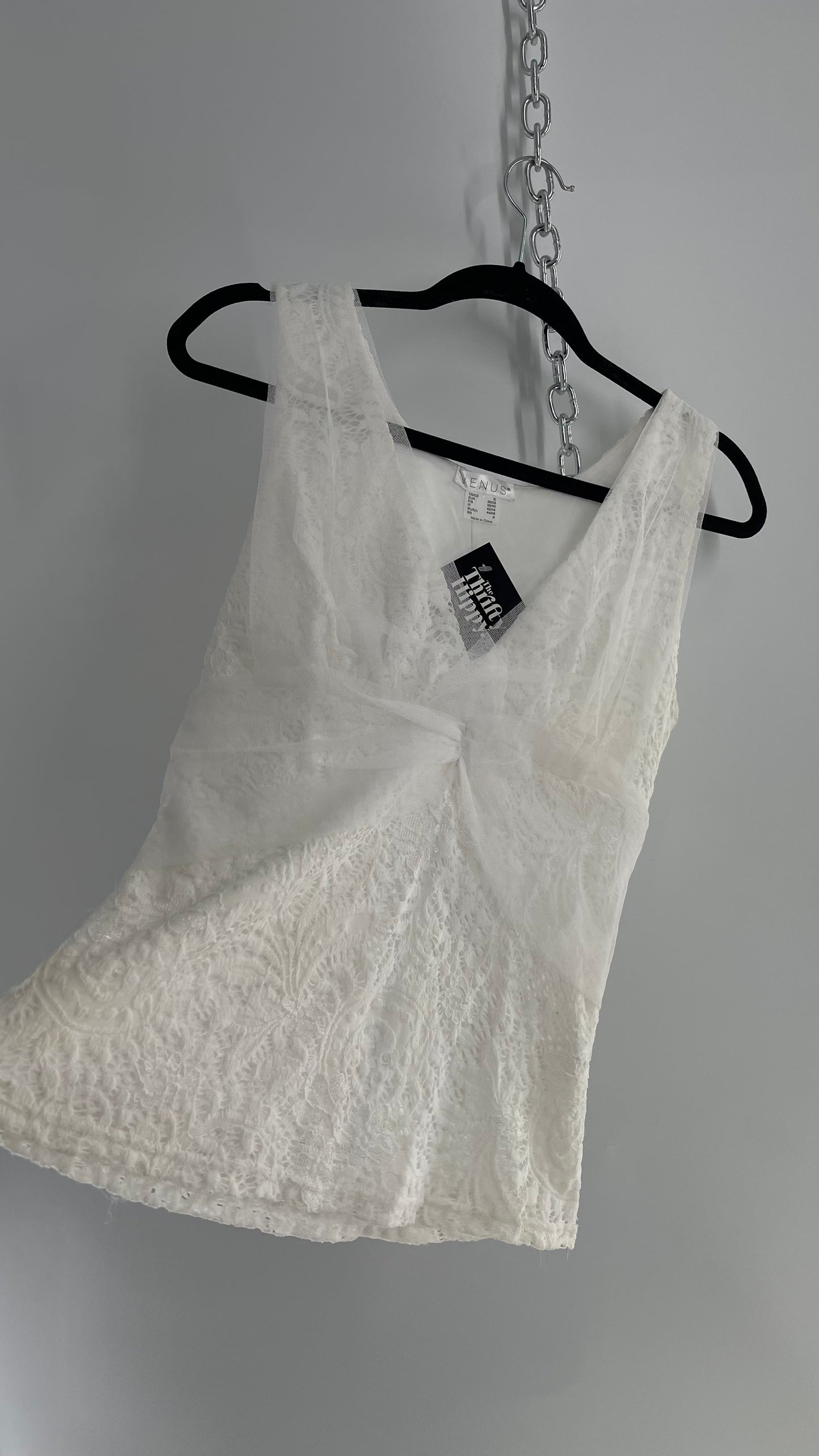 Vintage 1990s VENUS White Lace Ruched Bust Tank (Small)