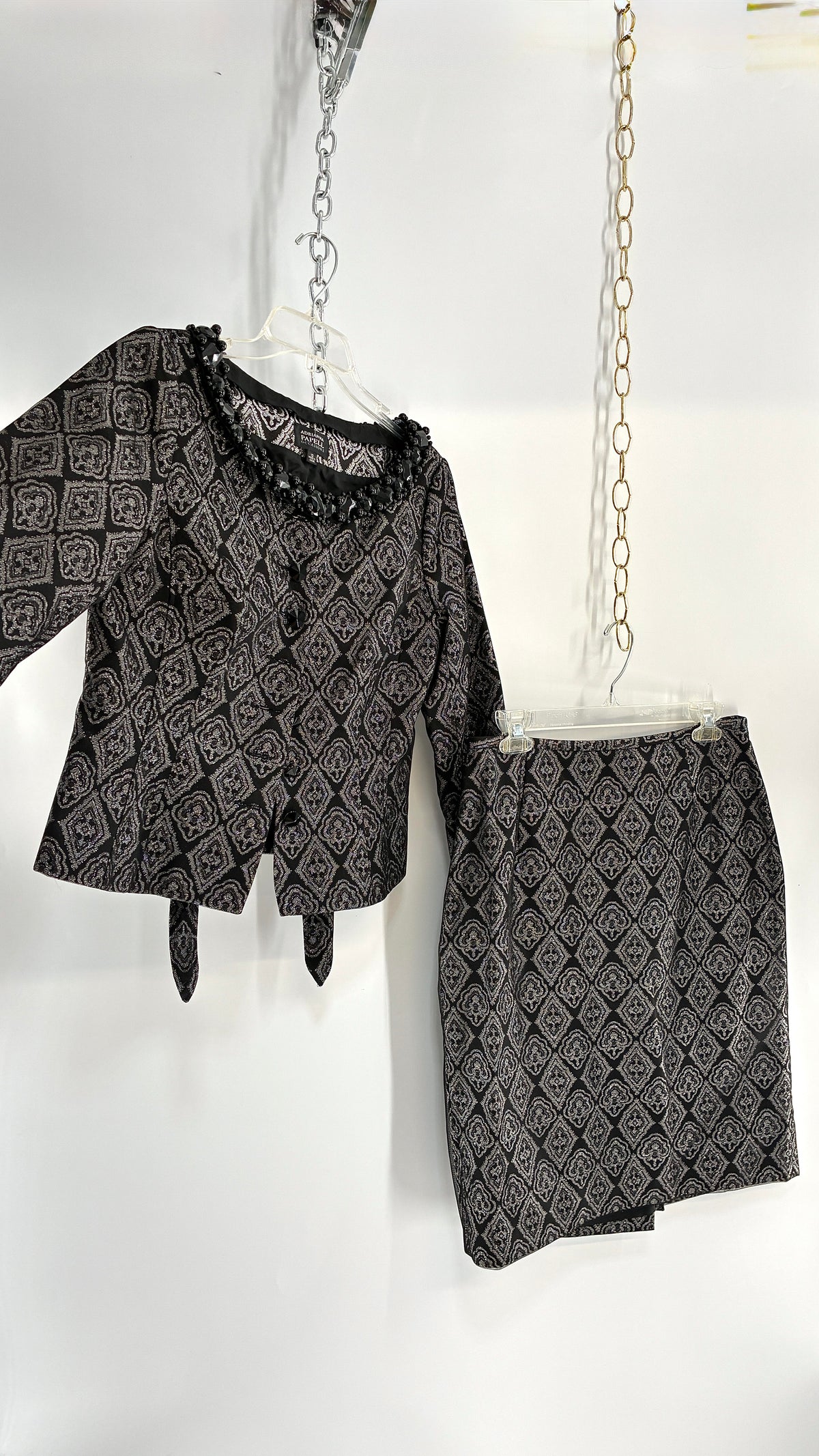 Vintage ADRIANNA PAPPELL Set with Brocade Underlay, Black Mesh Overlay, Waist Snatch, and Mini Skirt (10,8)