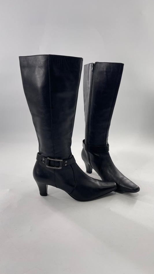 Vintage Black Anne Klein Leather Knee High Boots with Pointed Toe and Ankle Metal Buckle Detail (8)