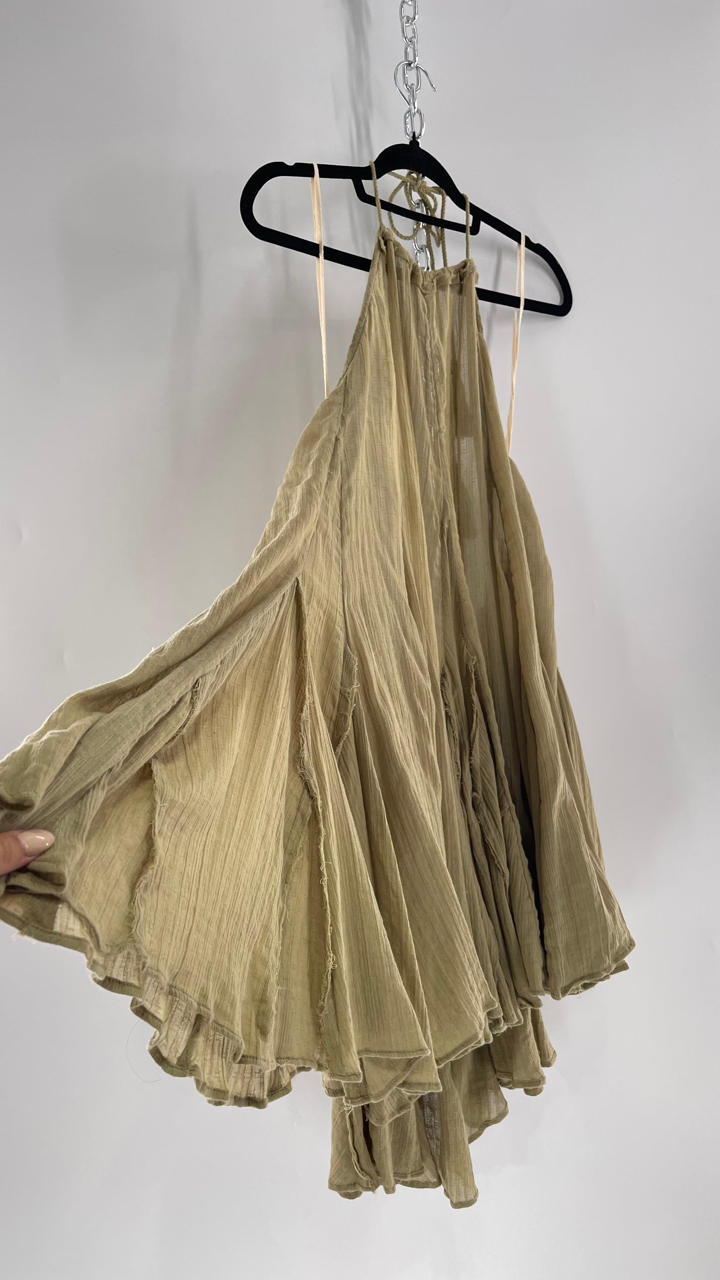 Free People Olive Sage Gauze/Cotton Halter Backless Dress (M)