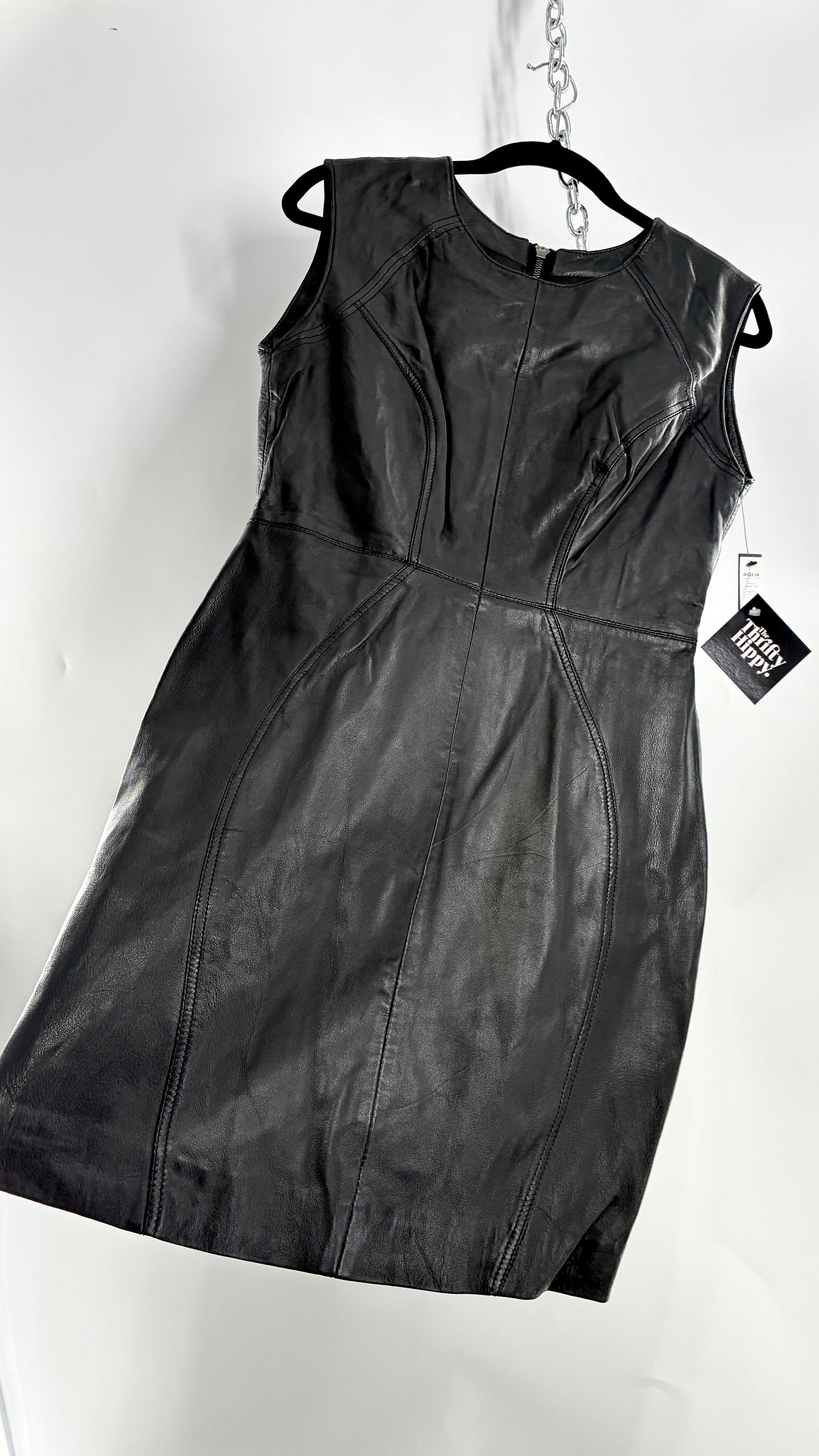 AQUA LUXE Black Leather Bodycon Paneled Dress with Tags Attached (Small)