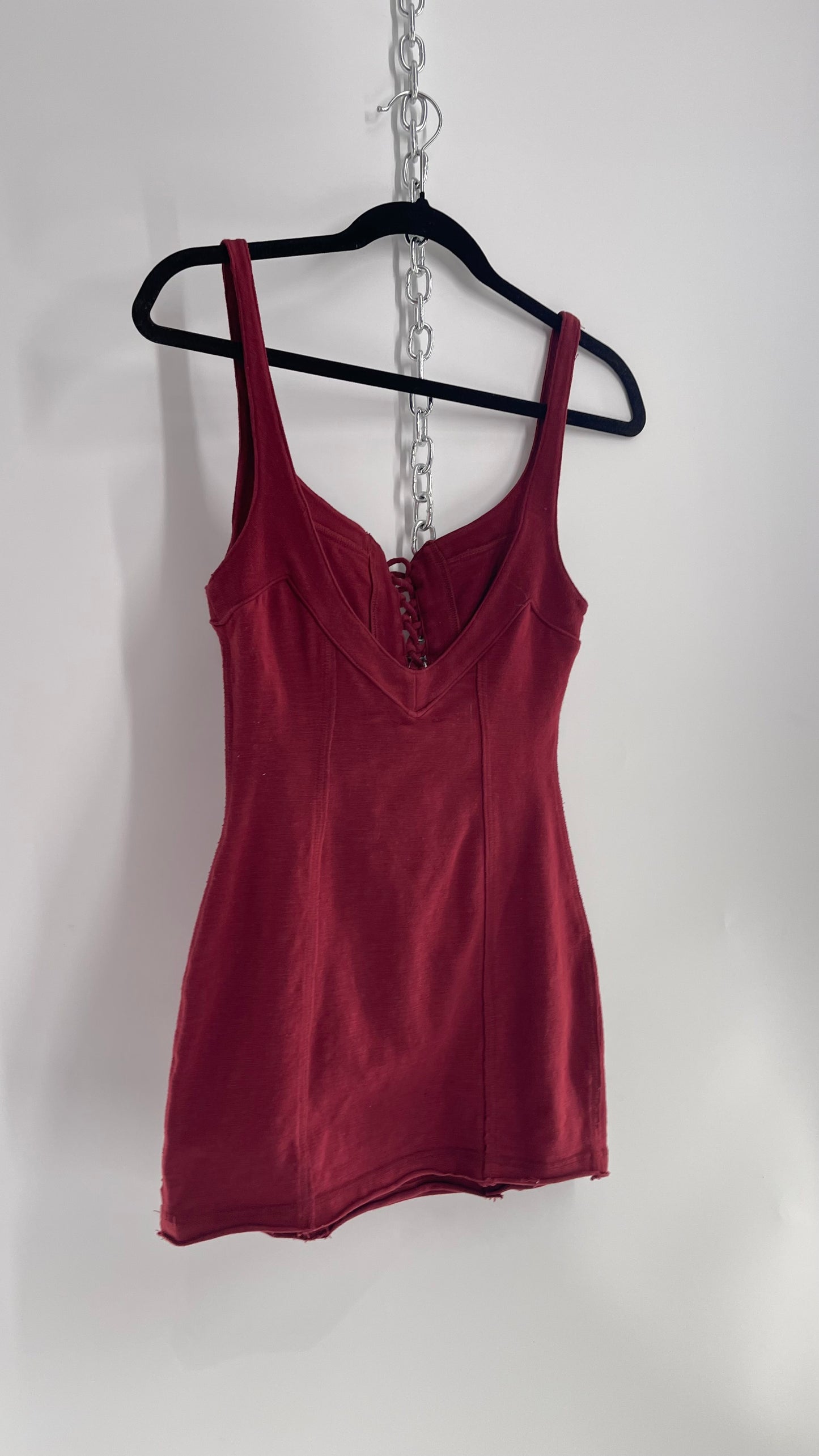 Free People Burgundy Knit Tank with Lace Up Neckline (XS)