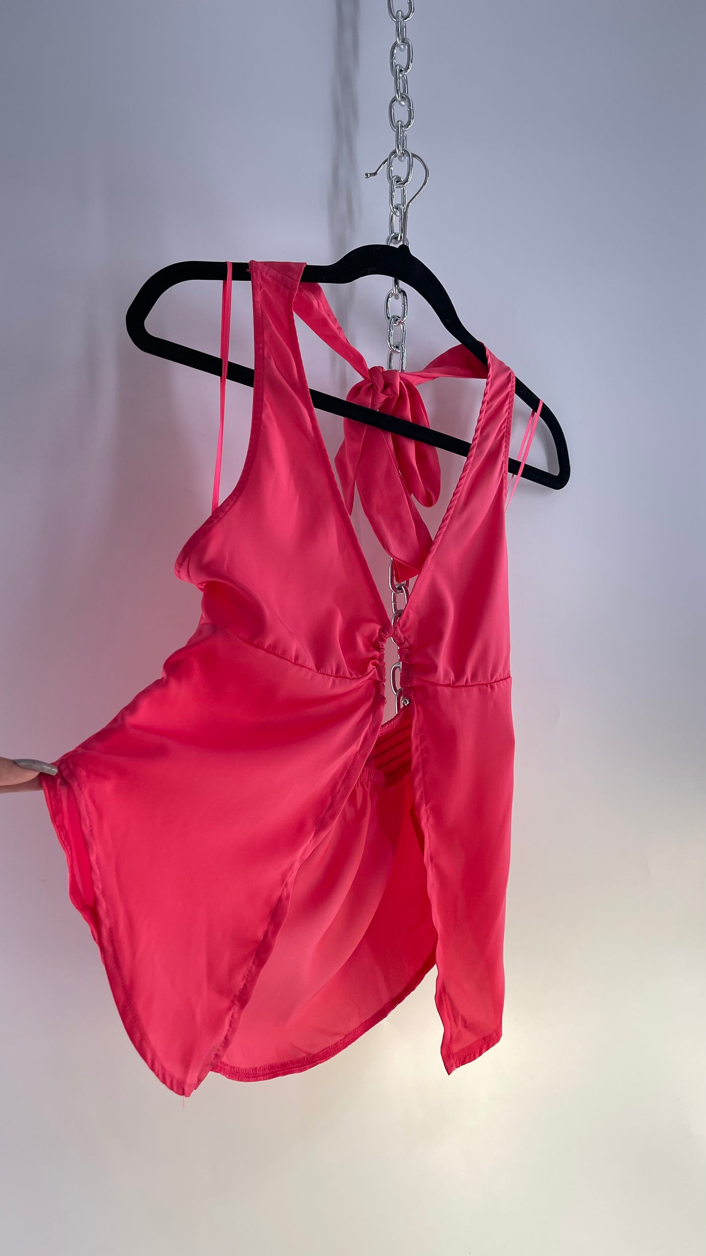 Free People Hot Pink Silky Vented Halter with Silver Metal Bust Detail (Small)