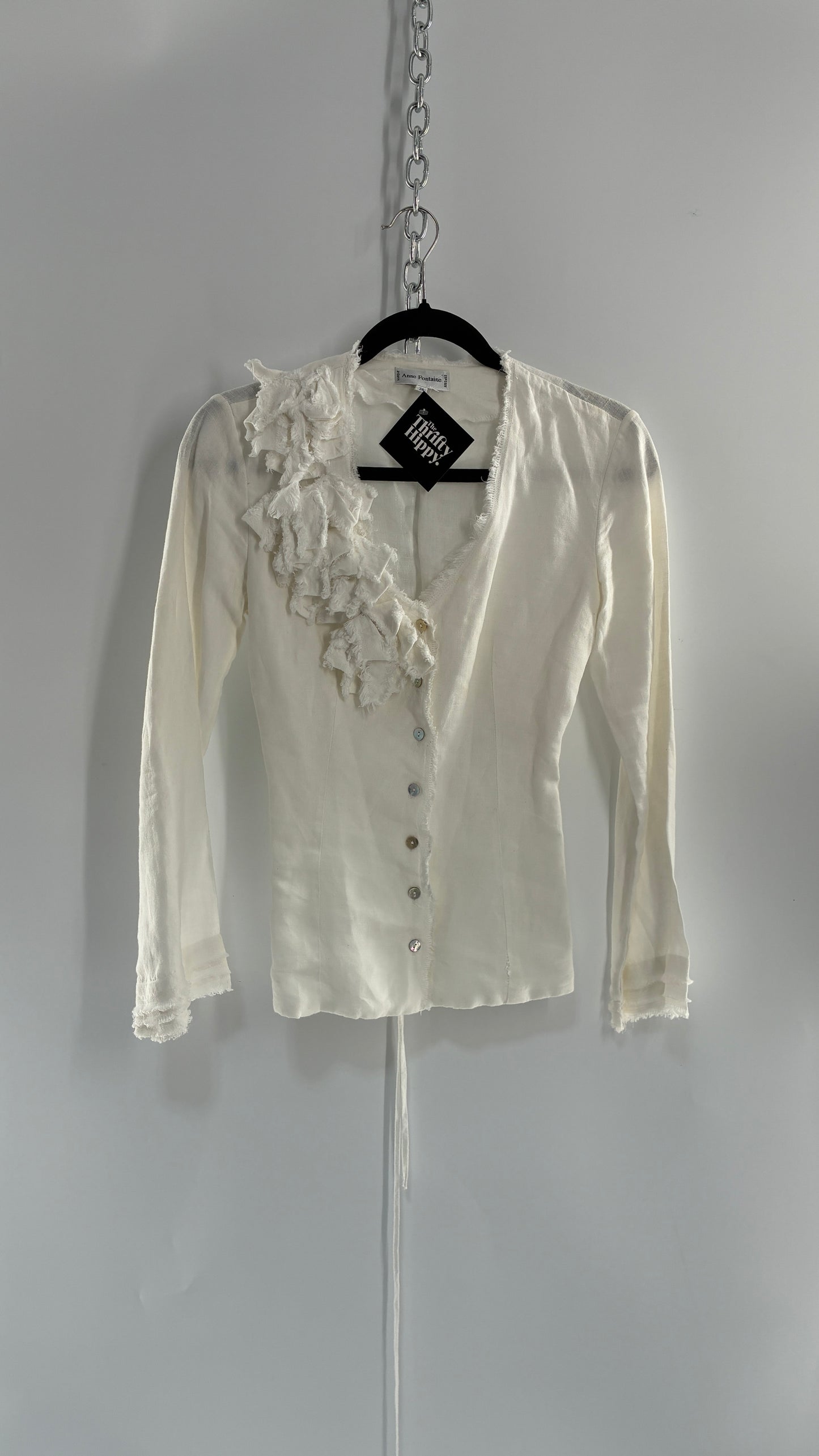Vintage ANNE FONTAINE Off White Linen Woven Button Up Blouse with Back Corseting, Pearlescent Shell Buttons, and Rosette Details (36)