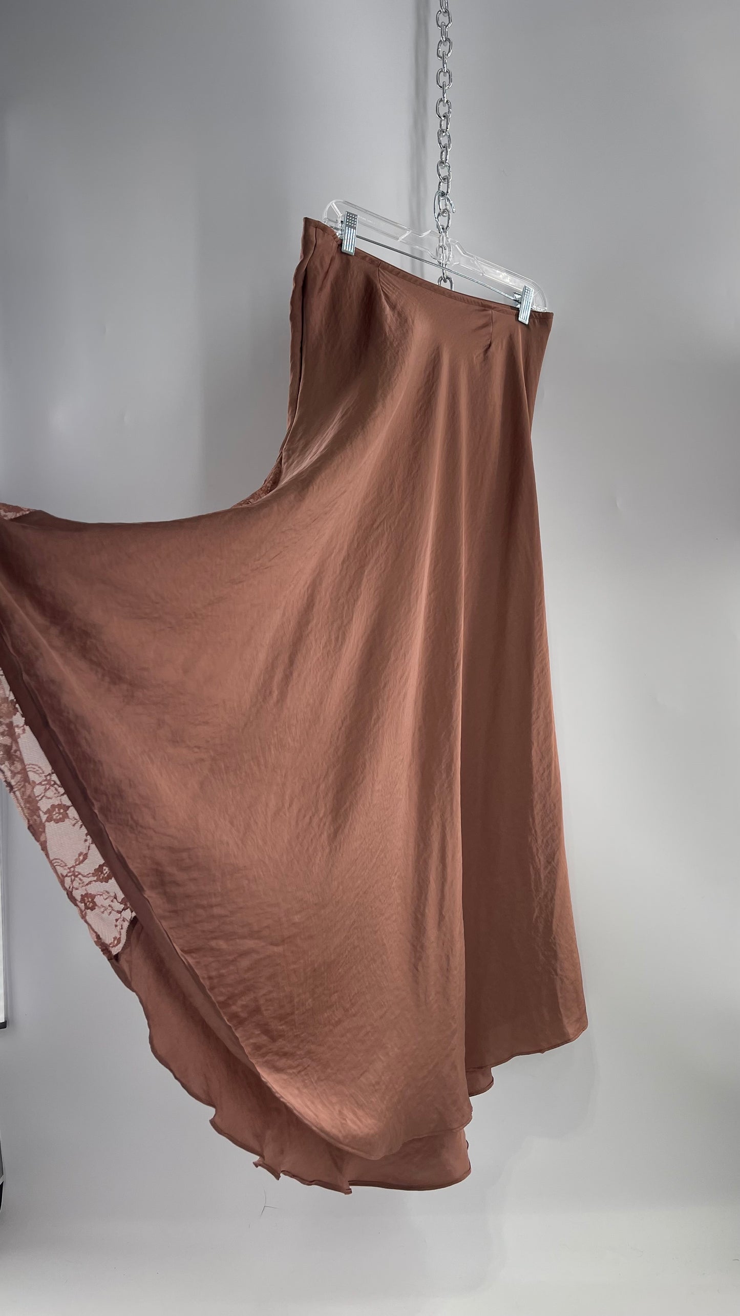 Intimately Free People Brown/Dusty Mauve Satin Maxi Skirt with Lace Paneling (Medium)