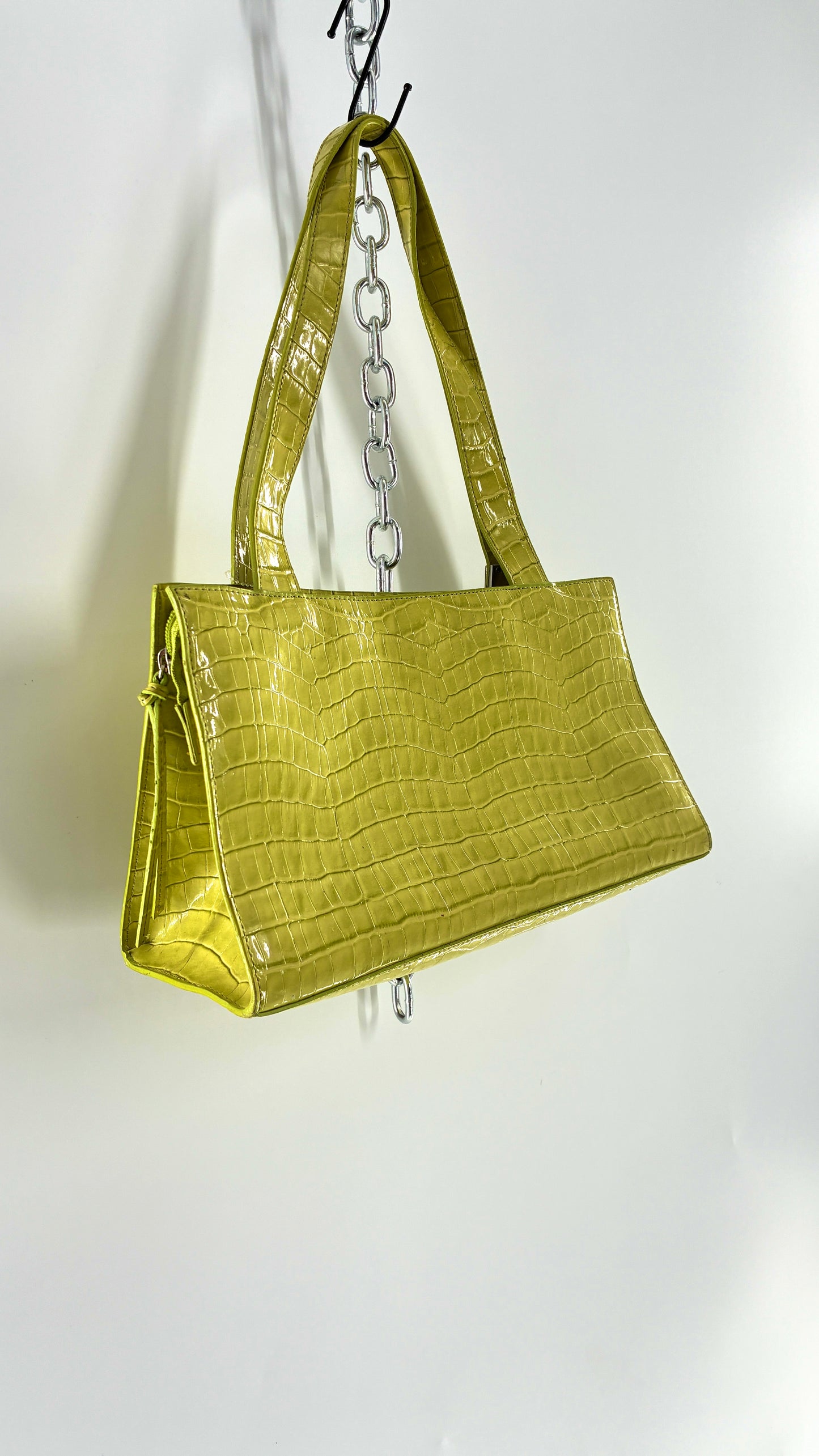 Vintage 1990s GUESS Lime Green Shoulder Purse with Metal Logo Buckle