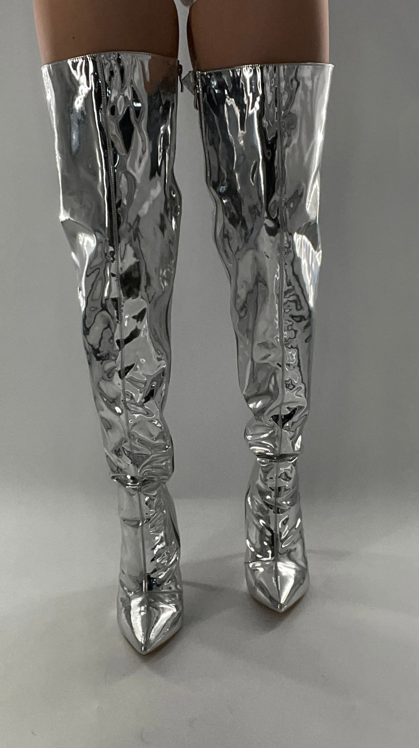 Vintage Chrome Platinum Mirrored Thigh High Molten Metal Sky High Boots Space Cadet/Concert (7)