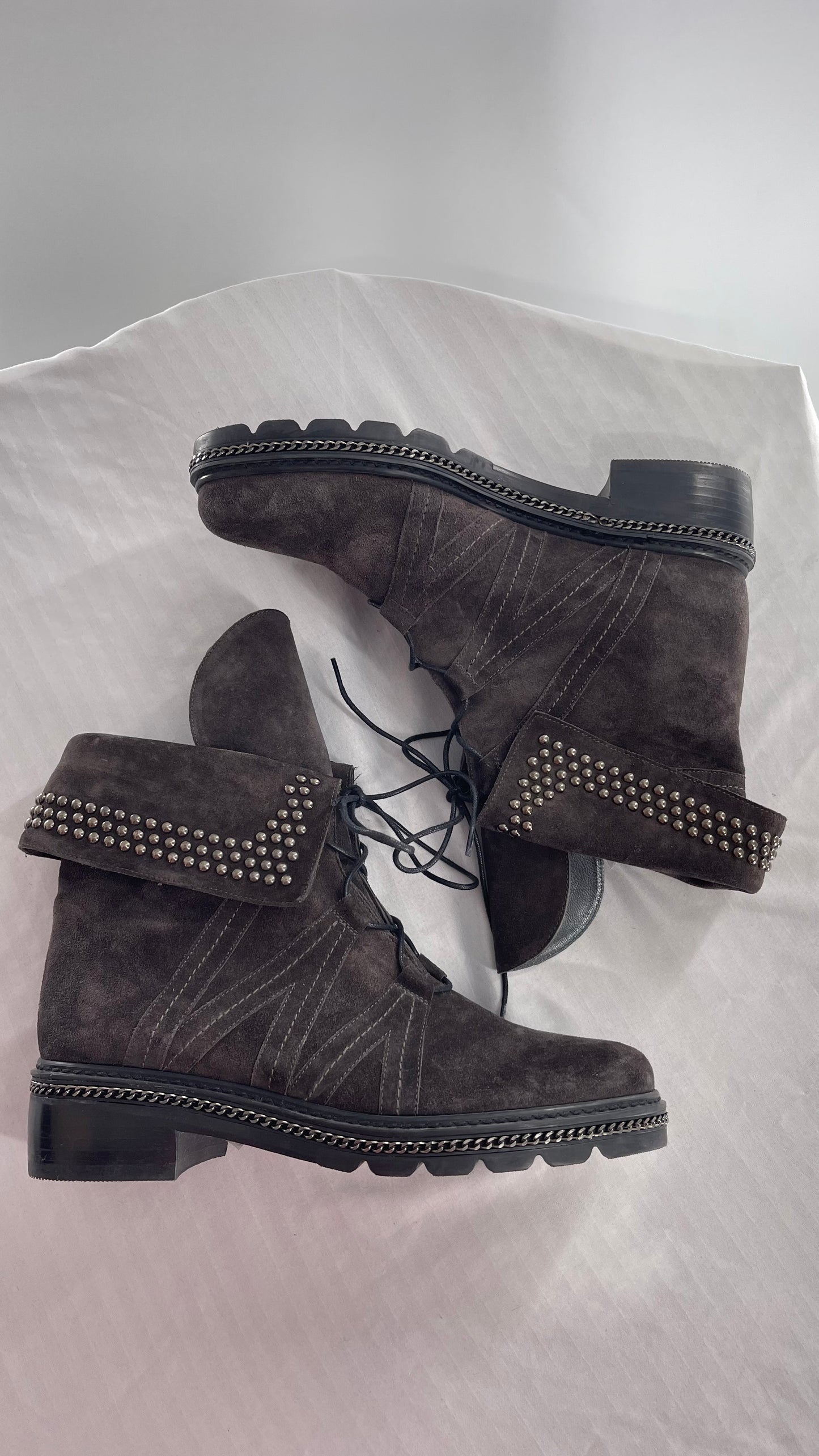 Stuart Weitzman Yadastud Grey Suede Leather Studded, Chainlink Boots (8)