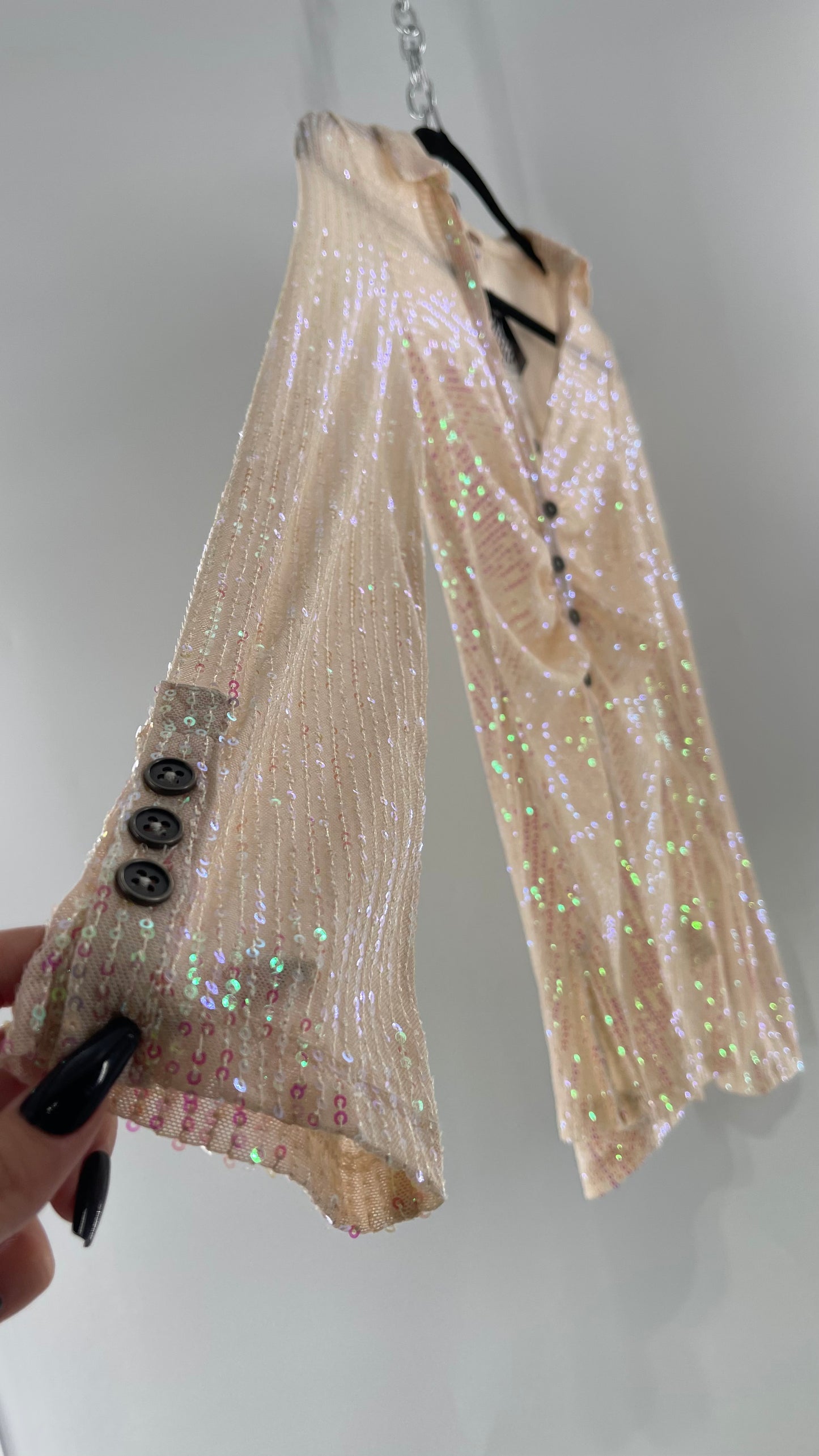 Free People Iridescent Sequined Button Front Ruched Bust Blouse with Tags Attached (Small)