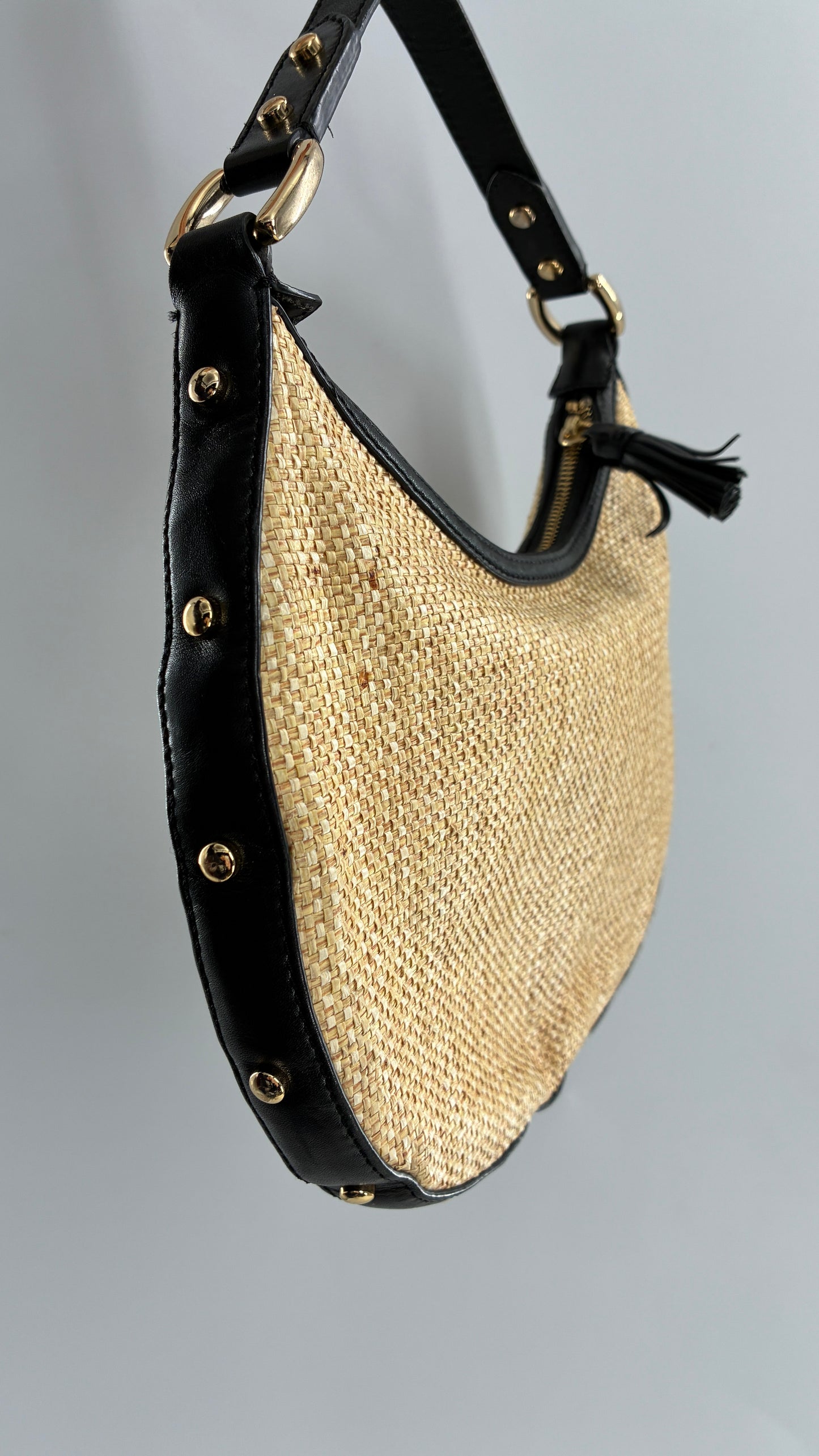 Vintage COLE HAAN Straw Shoulder Purse with Black Leather, Gold Studded Trim