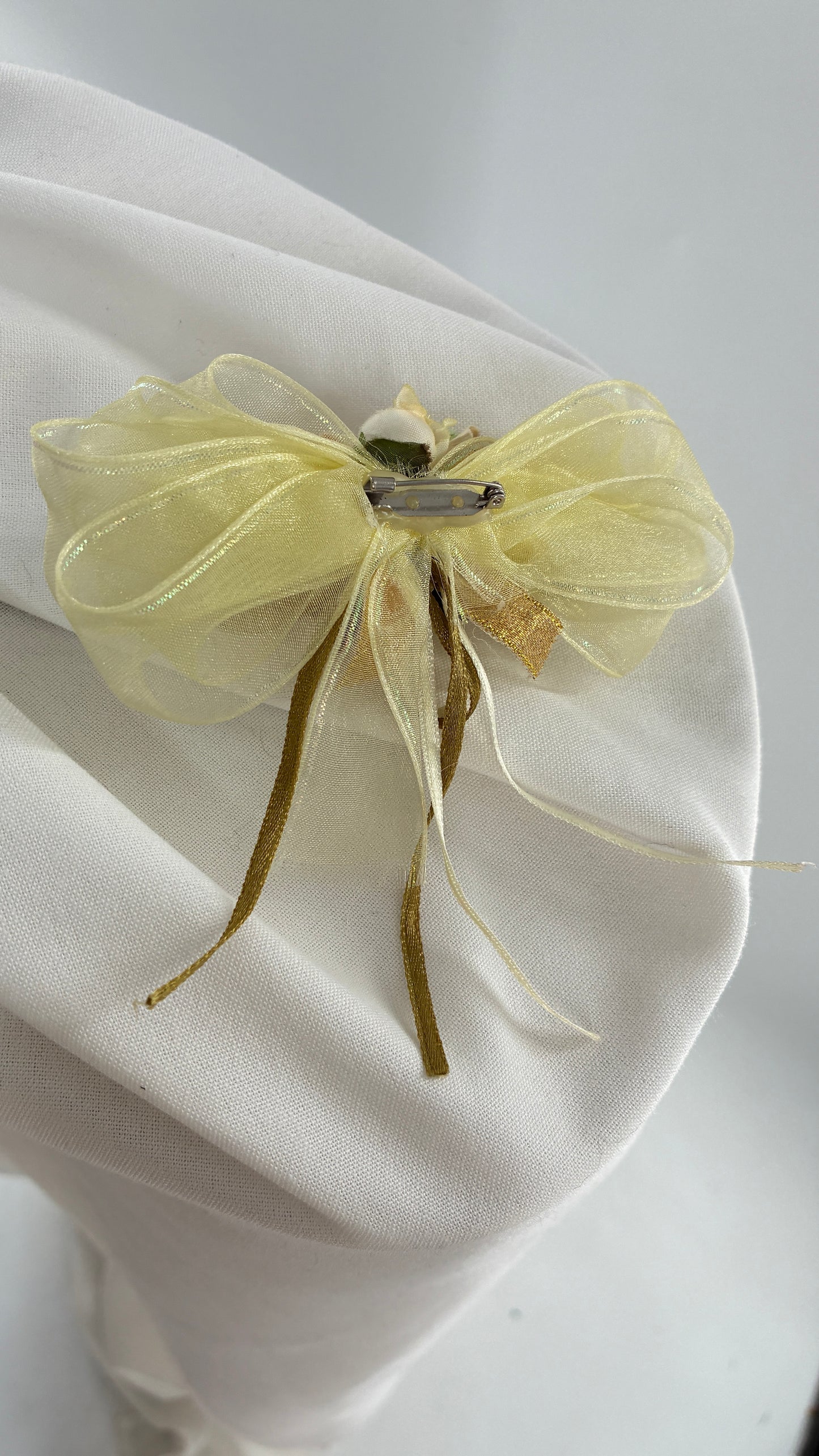 Vintage Baby Yellow Bow Pin Brooch with Ribbon, Handmade fabric flowers and Bows