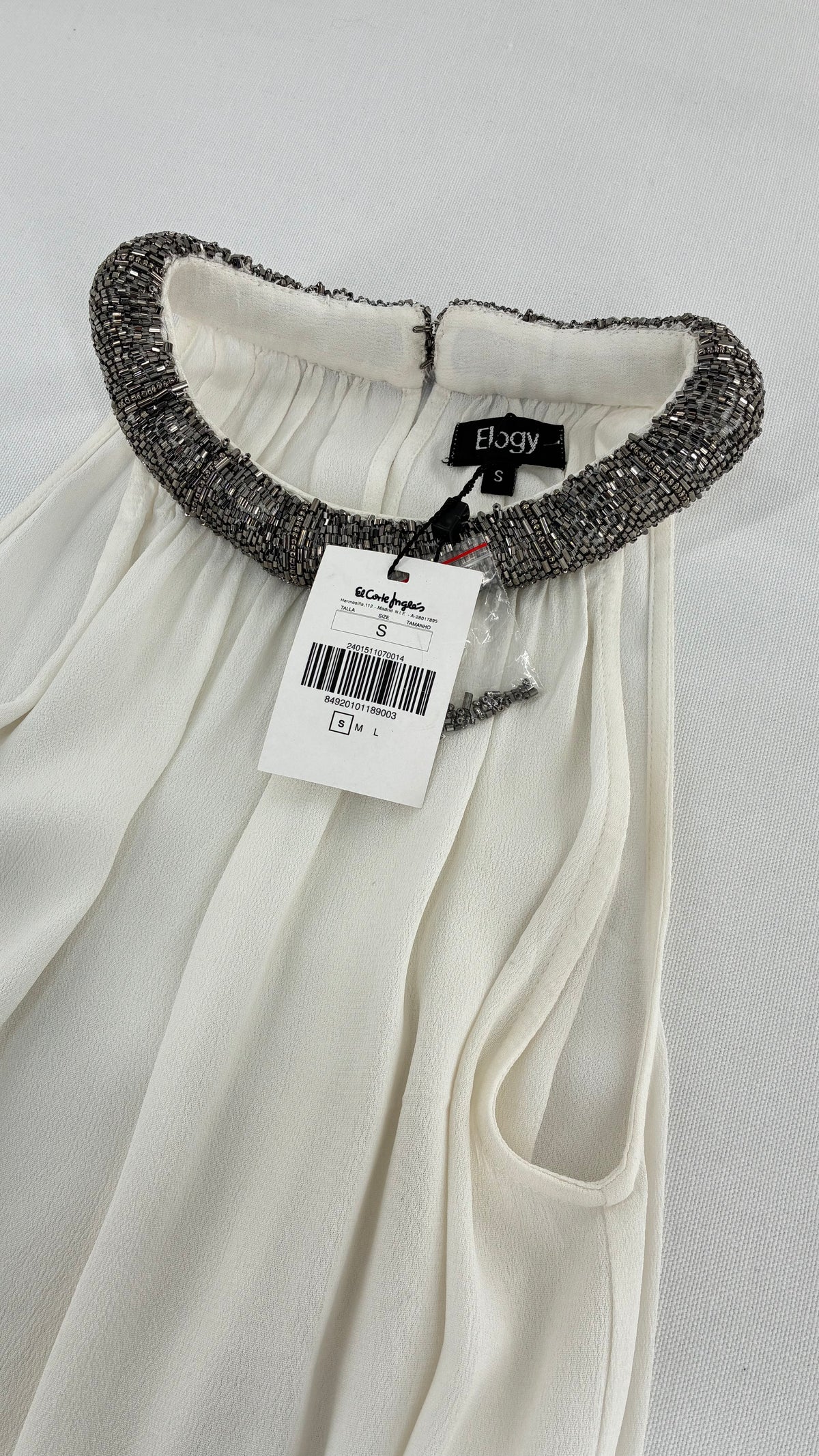 Deadstock Vintage ELOGY High Neck Draping White Top with Gunmetal Beaded Choker Neckline and Tags (Small)