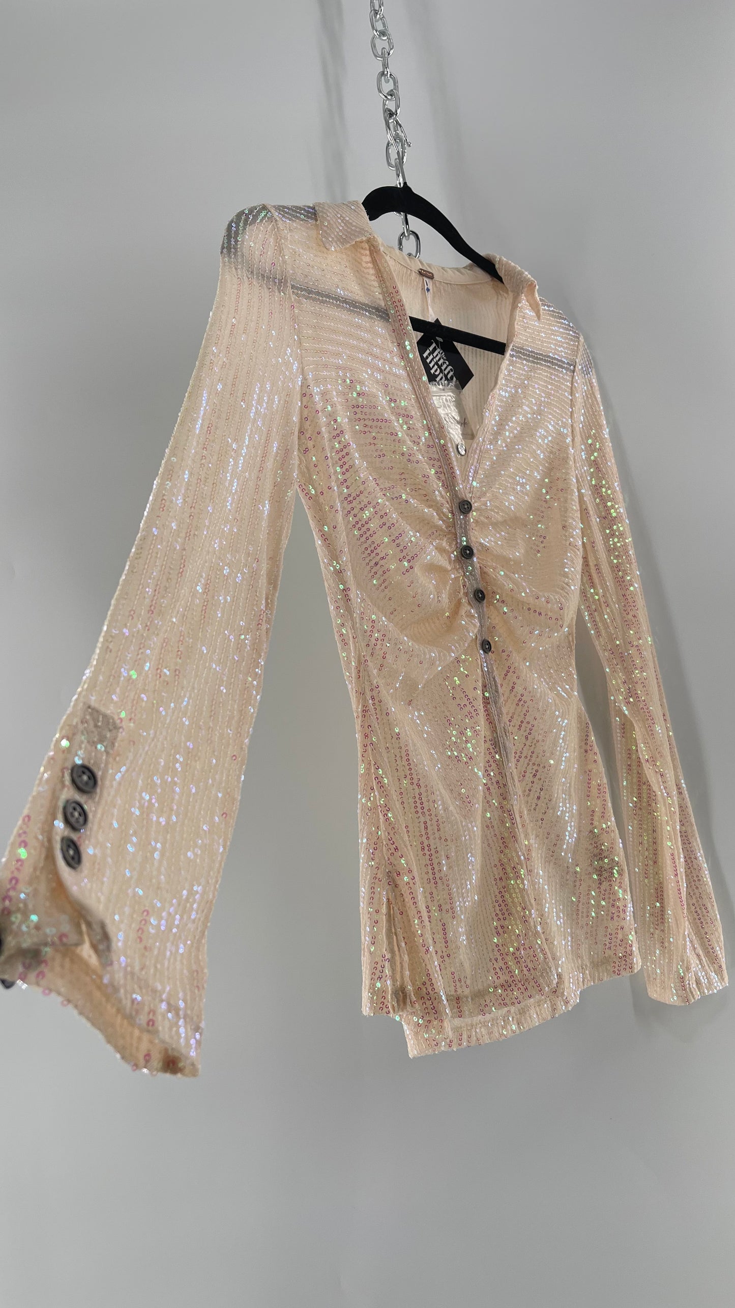 Free People Iridescent Sequined Button Front Ruched Bust Blouse with Tags Attached (Small)