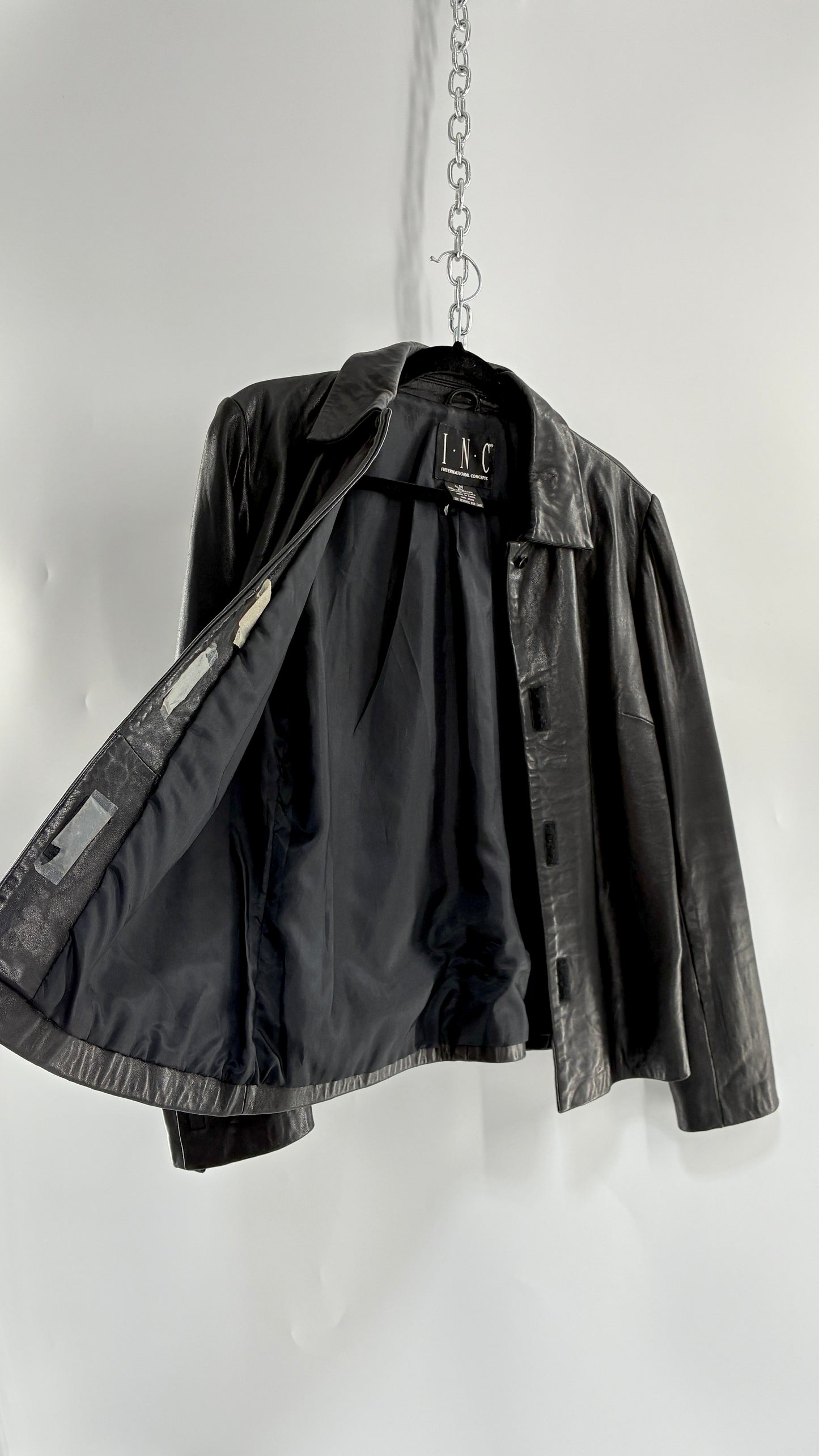 Vintage INC 1990s Black Genuine Ultra Soft Leather Collared Jacket with Velcro Closure Never Worn (Medium)