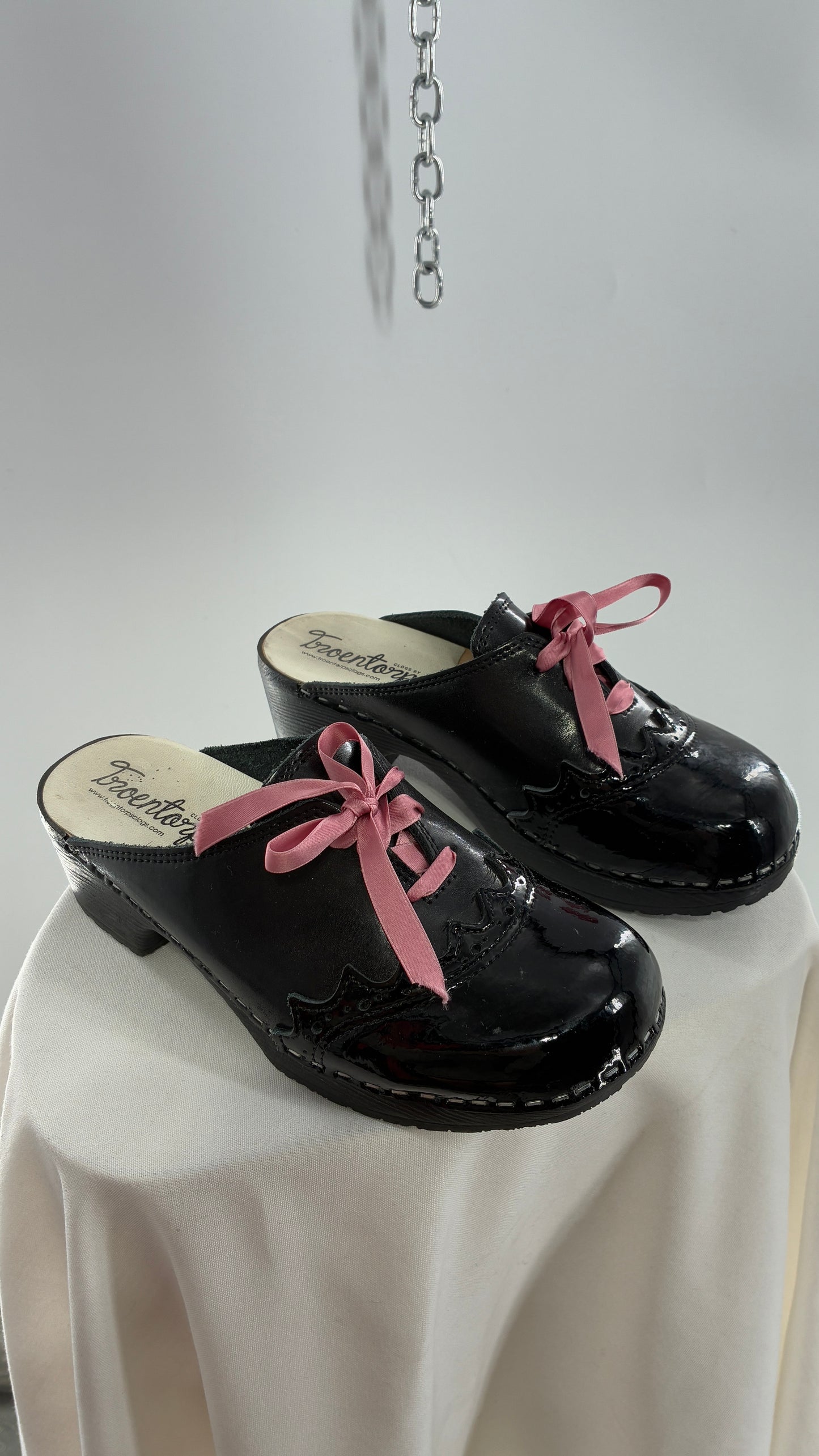 Vintage 1970s TROENTORPS Black Patent Leather Clogs with Ribbon Tie Detail (38)