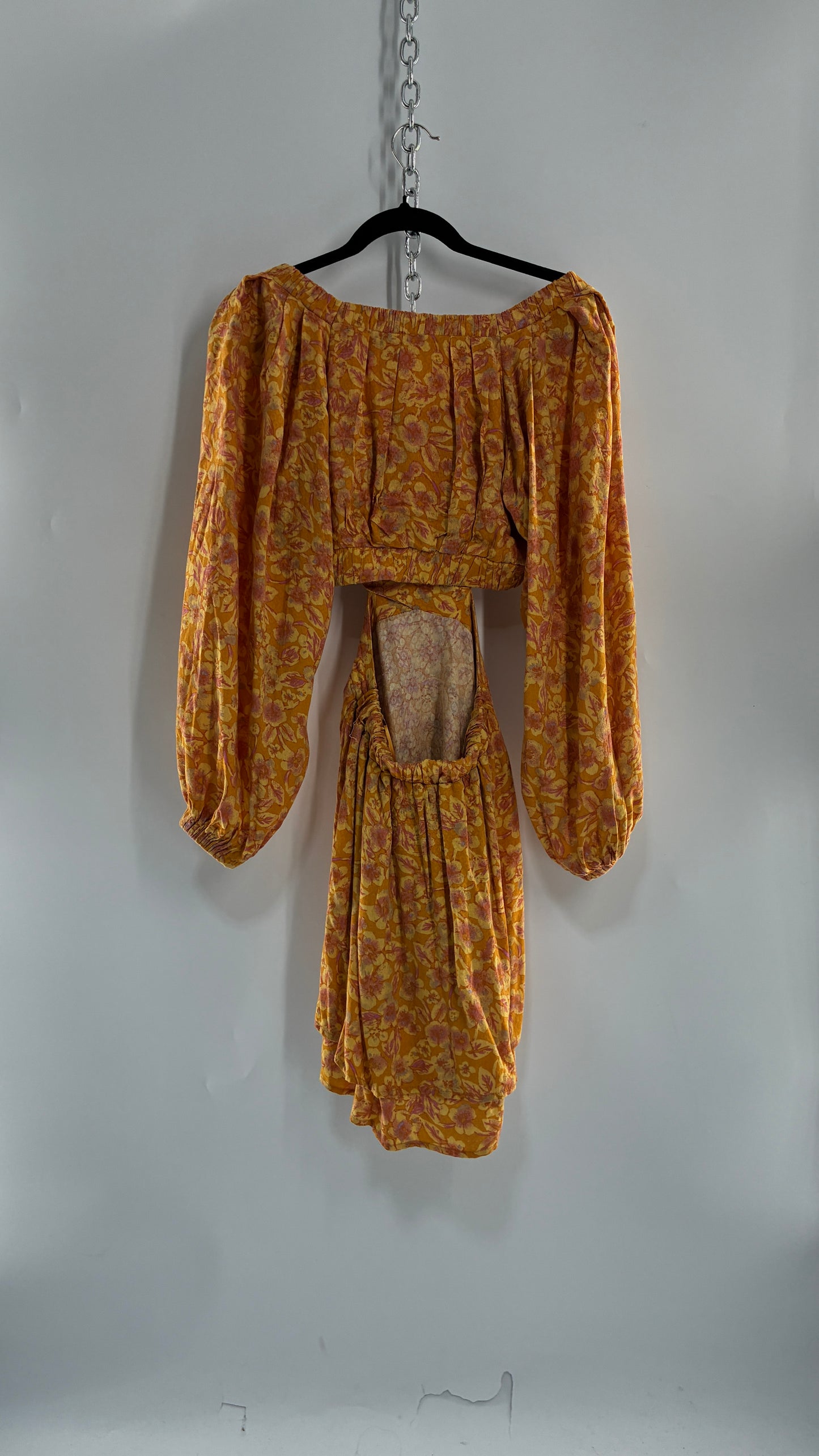 Free People Yellow Cut Out Golden Florals Dress with Ruched Bust and Balloon Sleeves Worn (XS)