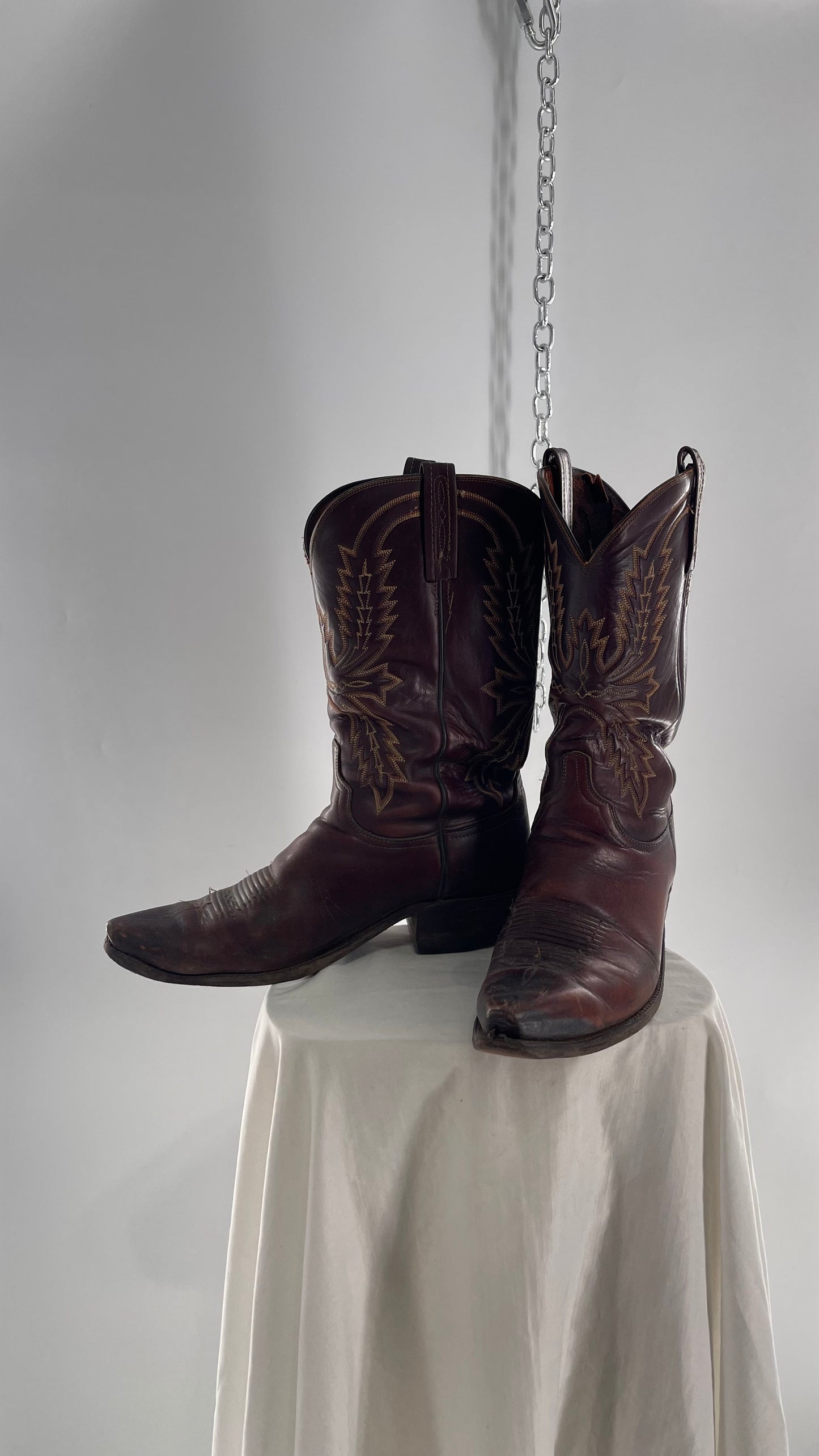 Vintage Men’s 1883 Luchesse Lived In Brown Cognac Leather Pointed Toe Cowboy Boots with Embroidery (12)