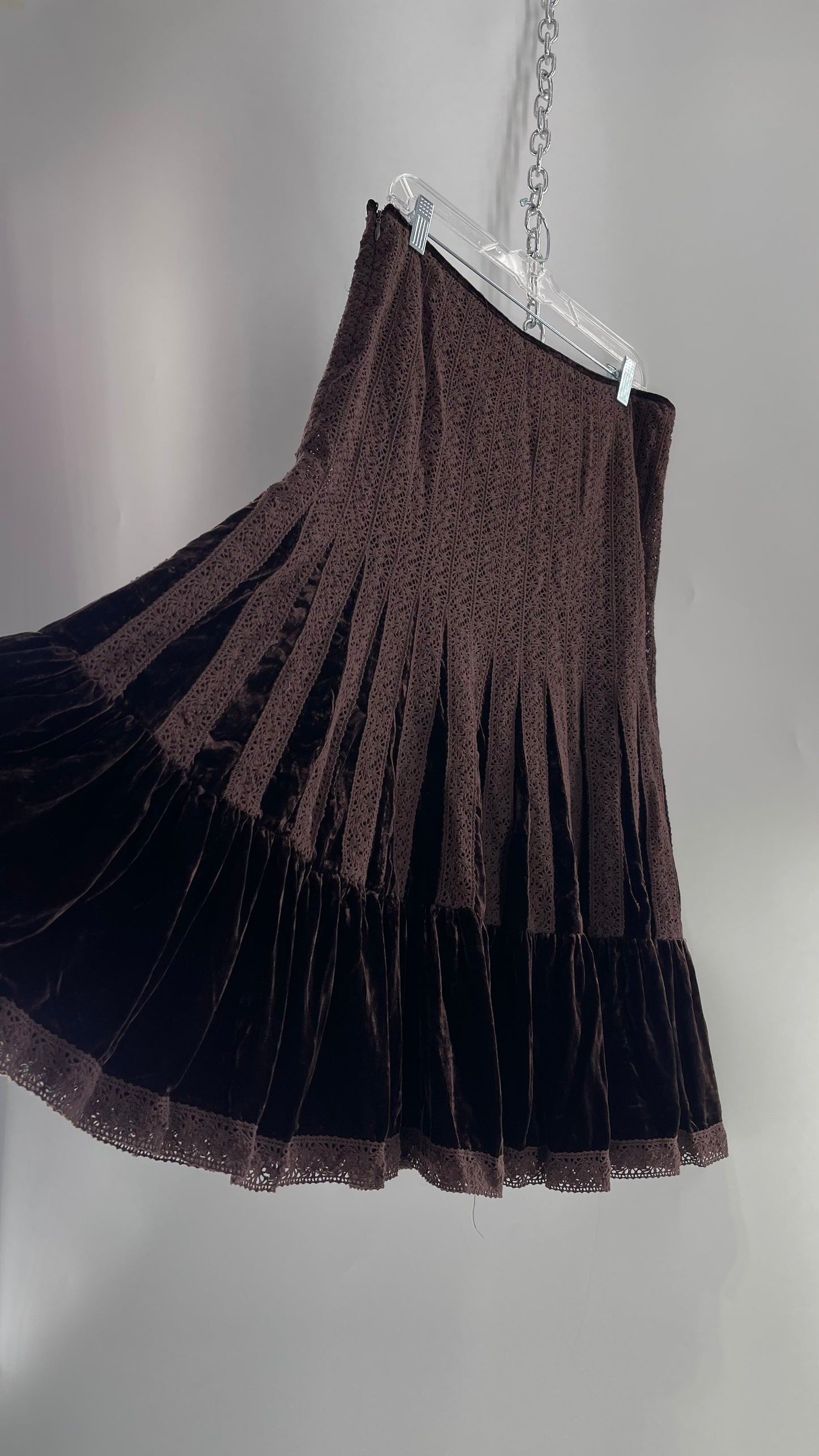 VINTAGE 1990s CC Couture Brown Velvet Crochet Lace Midi Skirt (Large)