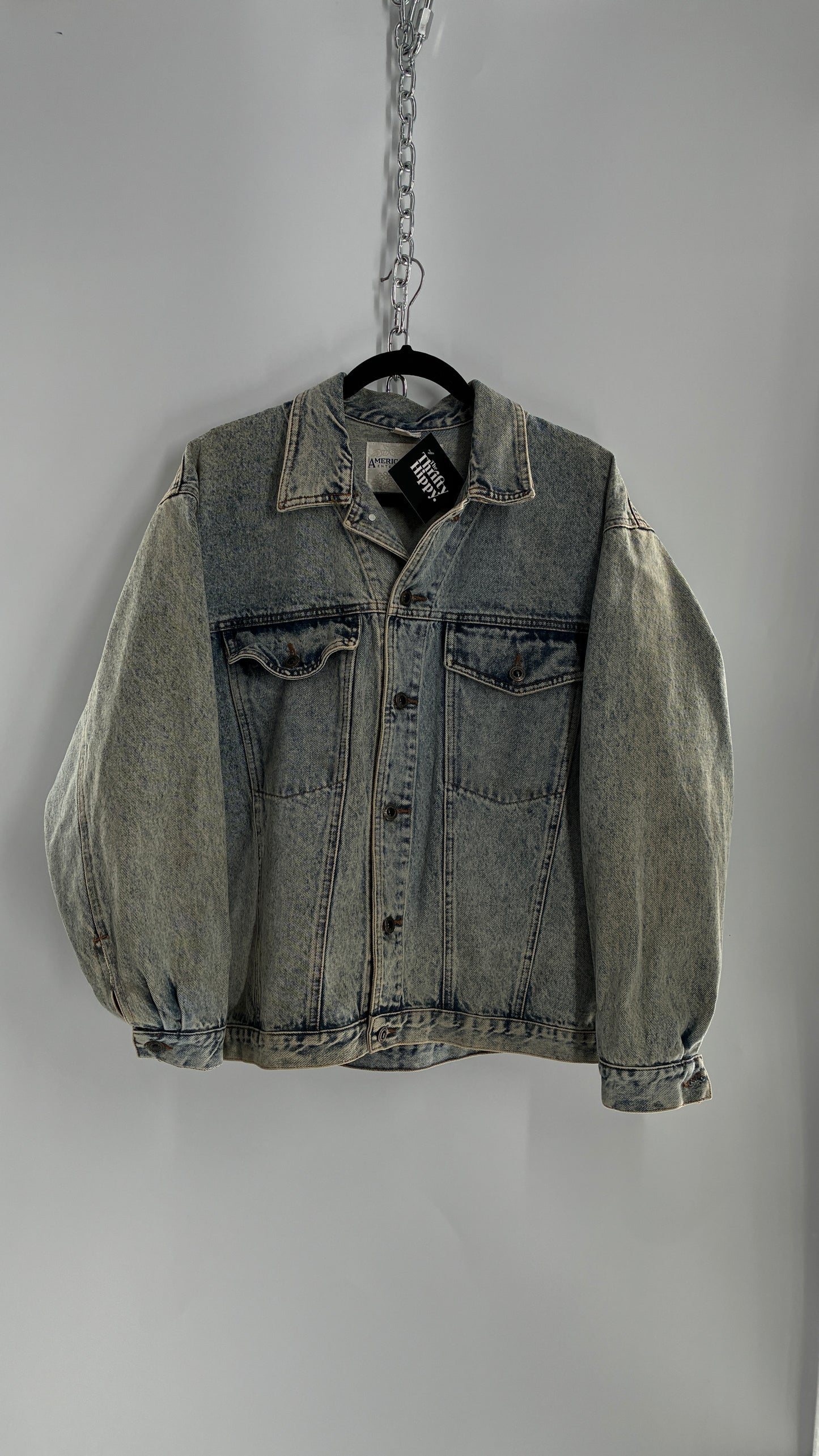 Vintage American Pacific Acid Wash Denim Jacket with Floral Patterned Cuffs (Large)