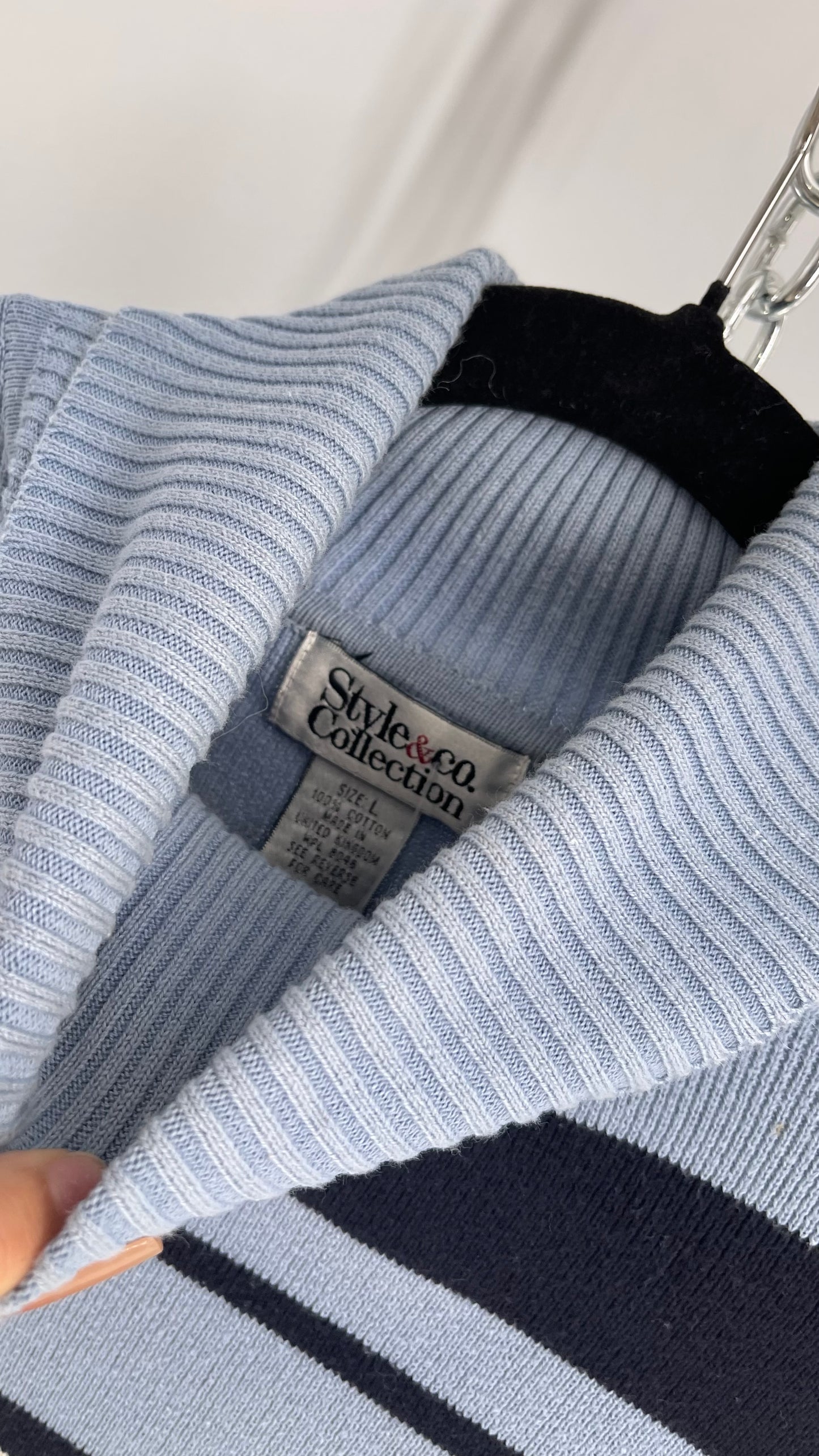 Vintage Style&Co Blue Striped Knit Turtleneck Sweater (Large)