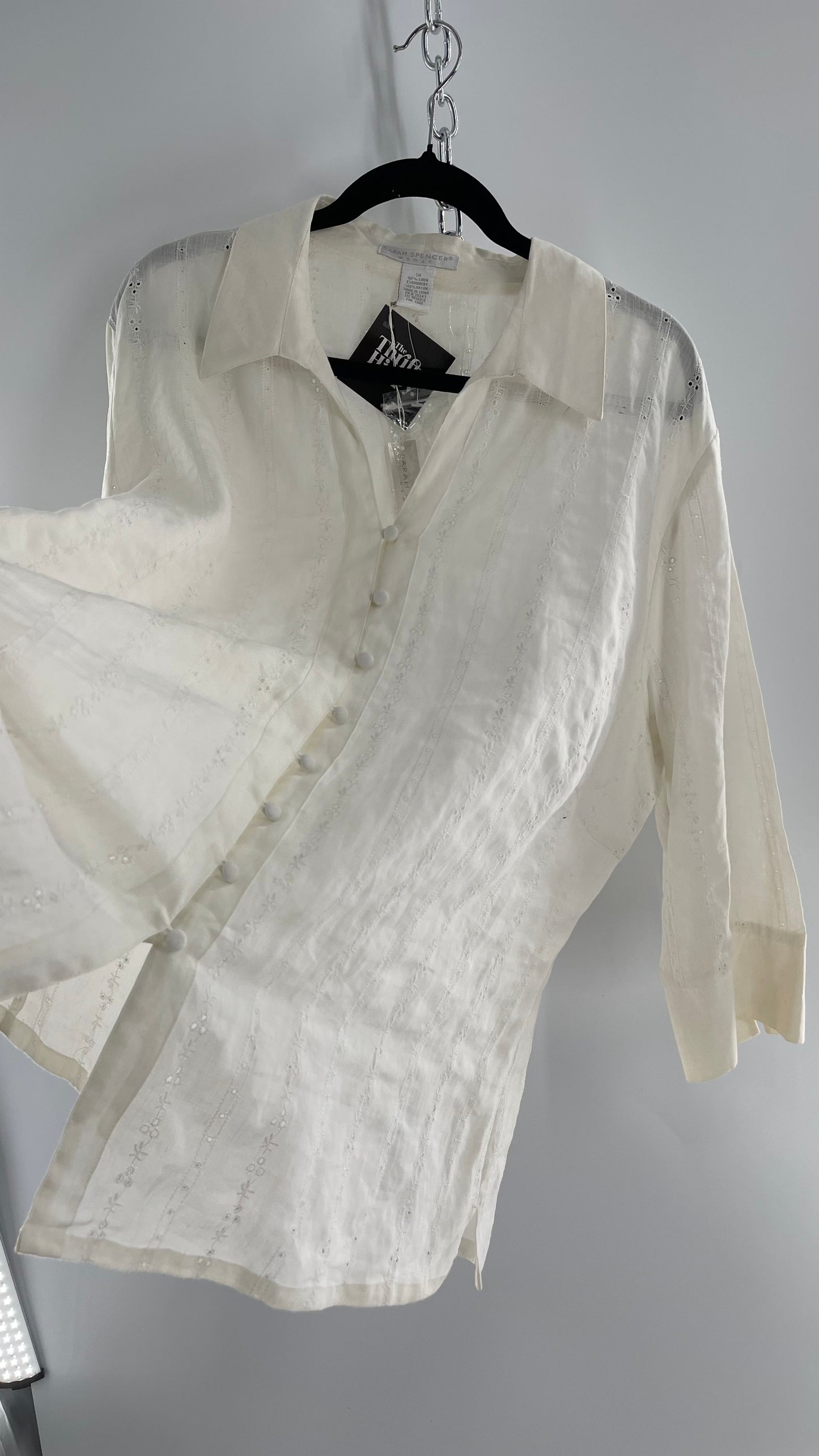 Sarah Spencer Off White 100% Embroidered Linen Blouse with Tags Attached (3X)