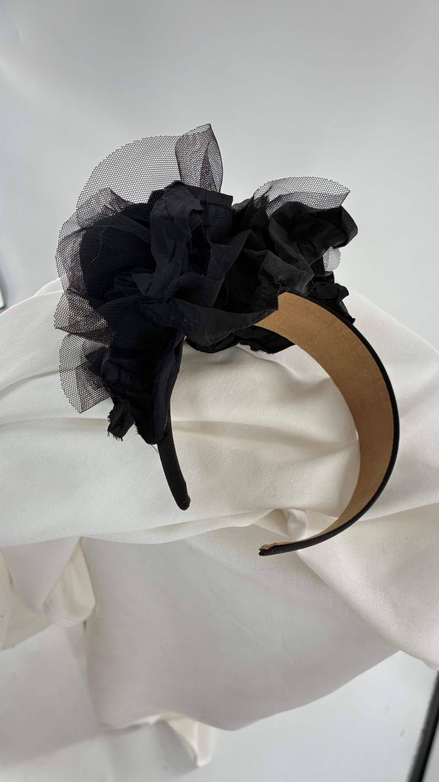 Vintage FARMER Handmade Black Thick Headband with Tulle Appliqué