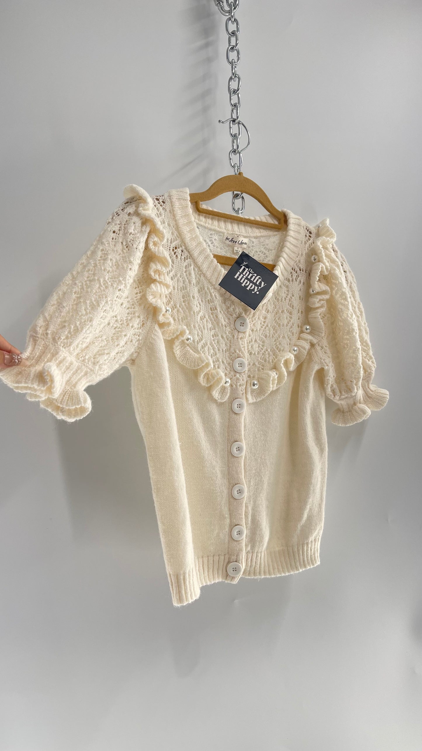 For Love & Lemons Cream Off White Knit Puff Sleeve, Button Front Top with Pearls (Small)