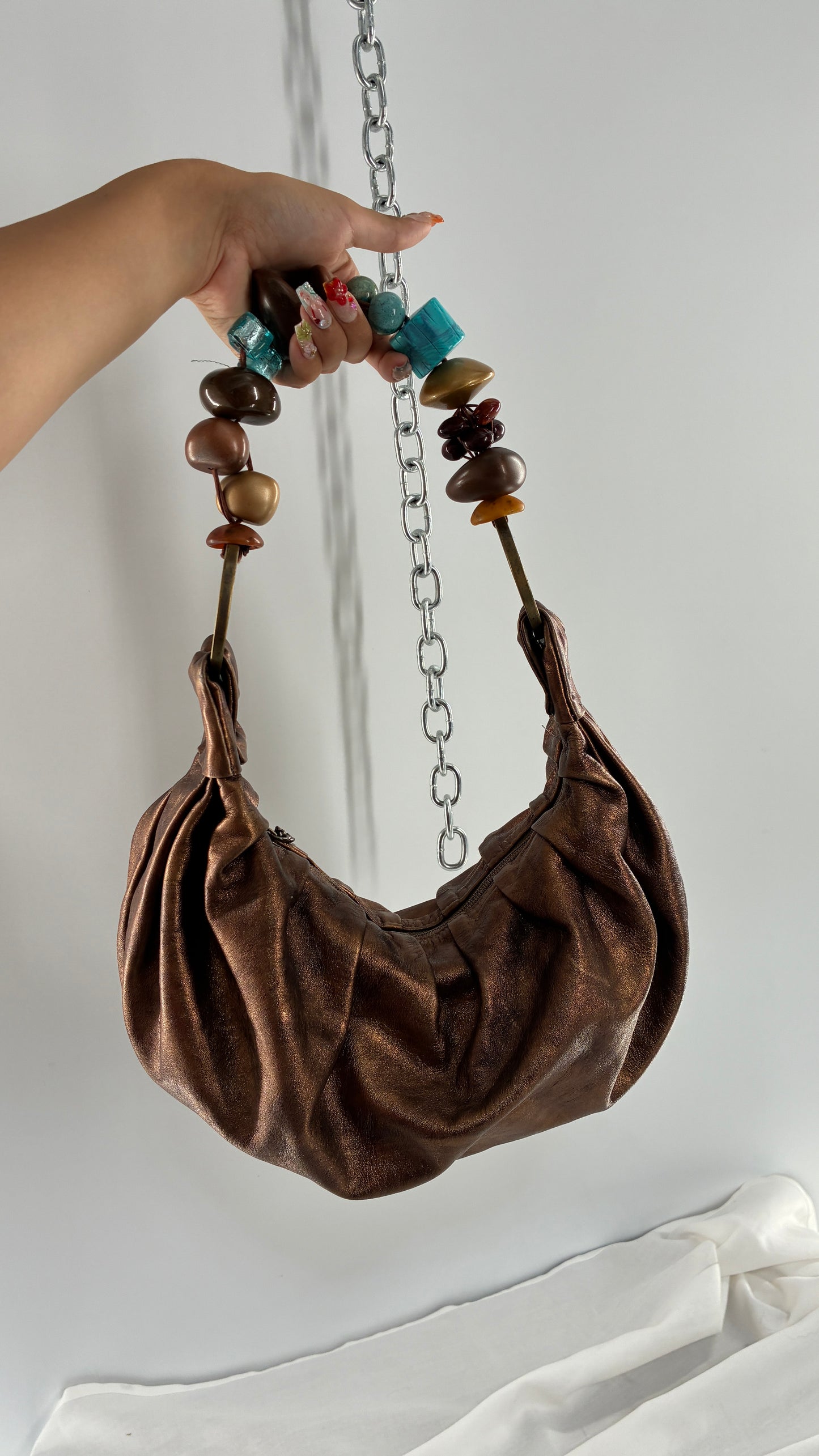 Vintage KARKABA  Metallic Bronze Leather Bag with Exaggerated Beaded Handles