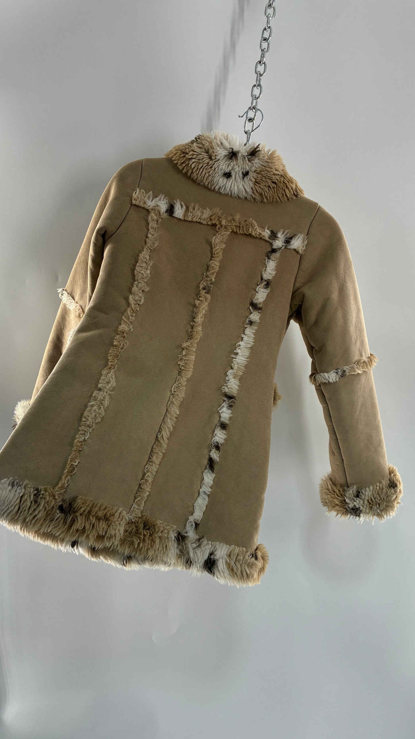 LONDON FOG (10/12) Vegan Suede Coat with Leopard Patterned Piping, Trim and Collar