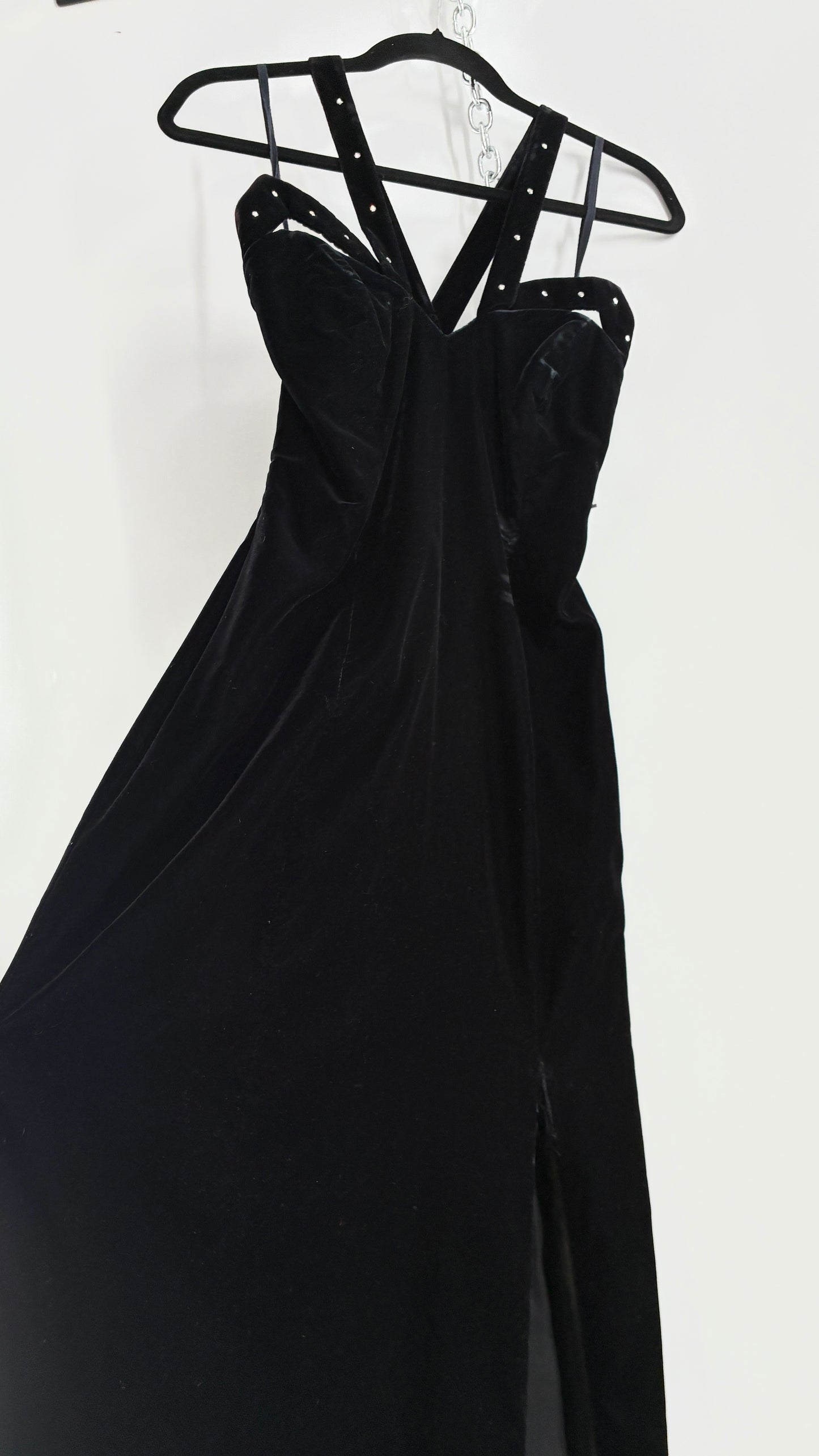 Vintage Handmade Velvet Gown with Pointed Bust Lined in Rhinestones and Dramatic Side Slit (S/M)