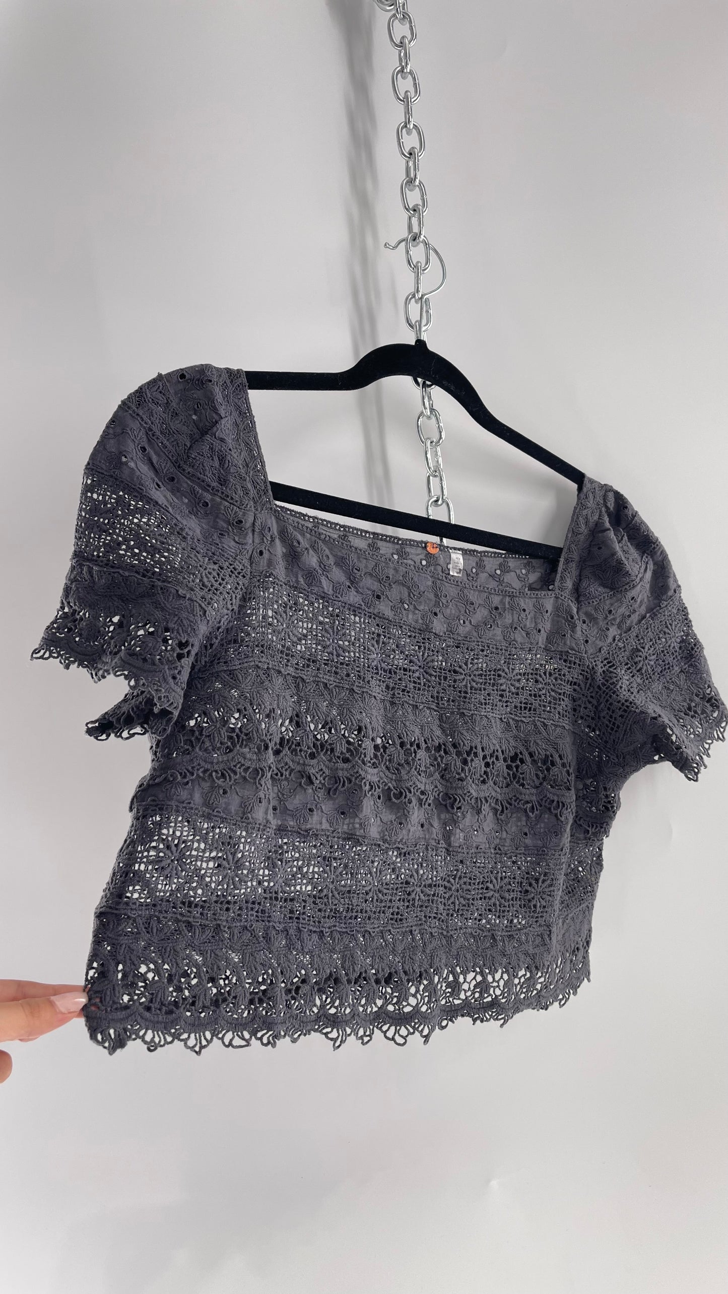 Free People Dark Gray Lace Short Sleeve with Tags Attached (Small)